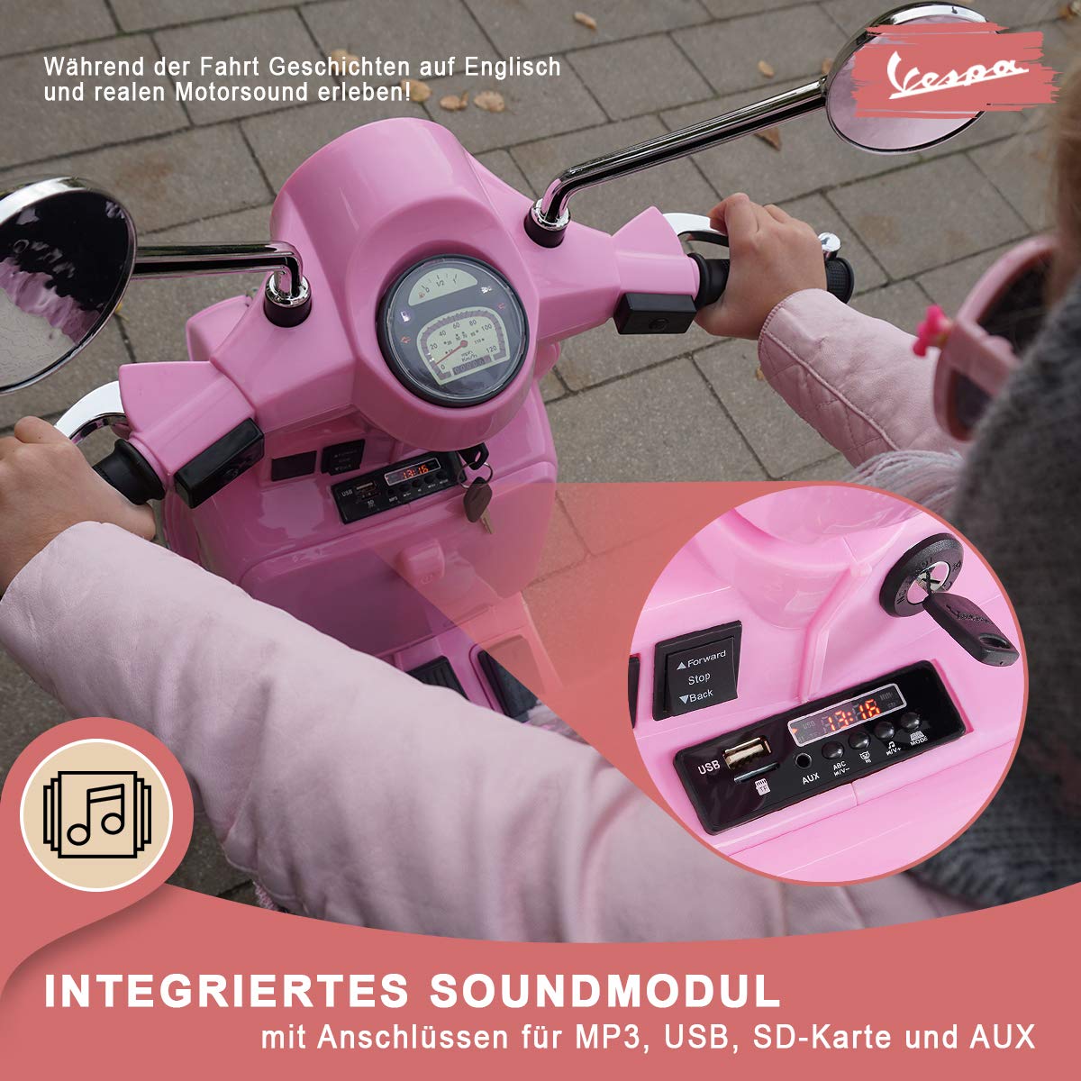 Actionbikes Motors Kinder Elektroroller Vespa Lizenziert (Pink)