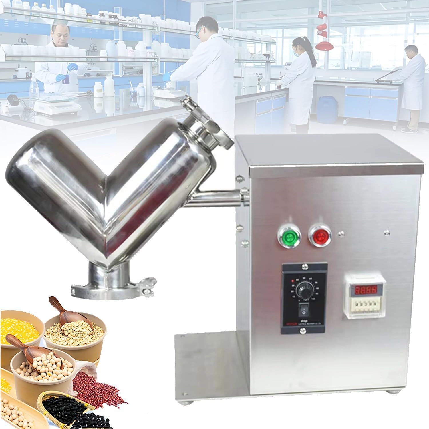 QIANG 2L/5L/8L V-Type Powder Mixer Machine,Food Grade Stainless Steel Dry Granule Blender,Variable Speed Laboratory Mixing Equipment,for Herbal,Pigment,Grain,Flour,Industrial Use 2L