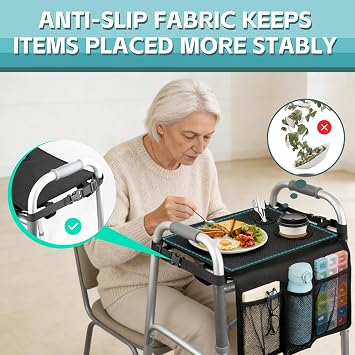 Walker Tray for Folding Walker - Trays for Walkers for Seniors with Cup Holders & Non-Slip & Multiple Front Pockets, Walker Accessories Walker Basket and Bag for Elderly Fits Most Standard Walker