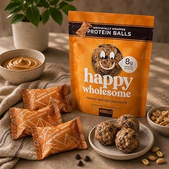 Happy Wholesome Protein Balls, Peanut Butter Chocolate, 20 Count | 8g High-Protein, Individually Wrapped, Gluten Free, Healthy Snack for Kids & Adults