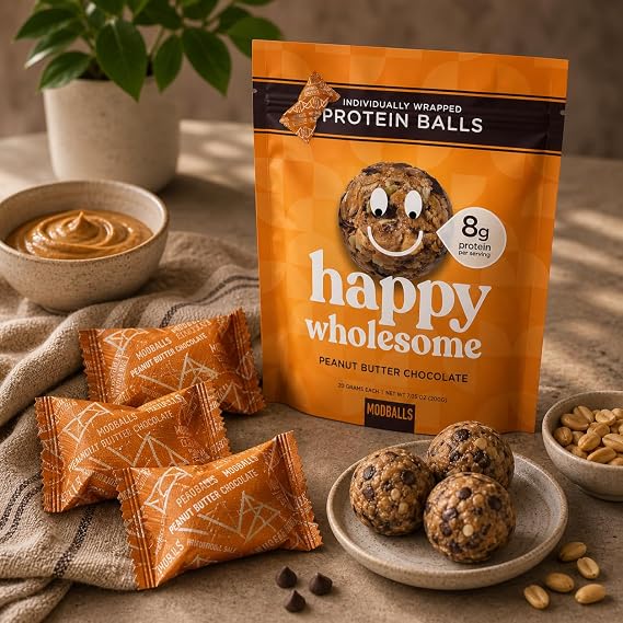 Happy Wholesome Protein Balls, Peanut Butter Chocolate, 20 Count | 8g High-Protein, Individually Wrapped, Gluten Free, Healthy Snack for Kids & Adults