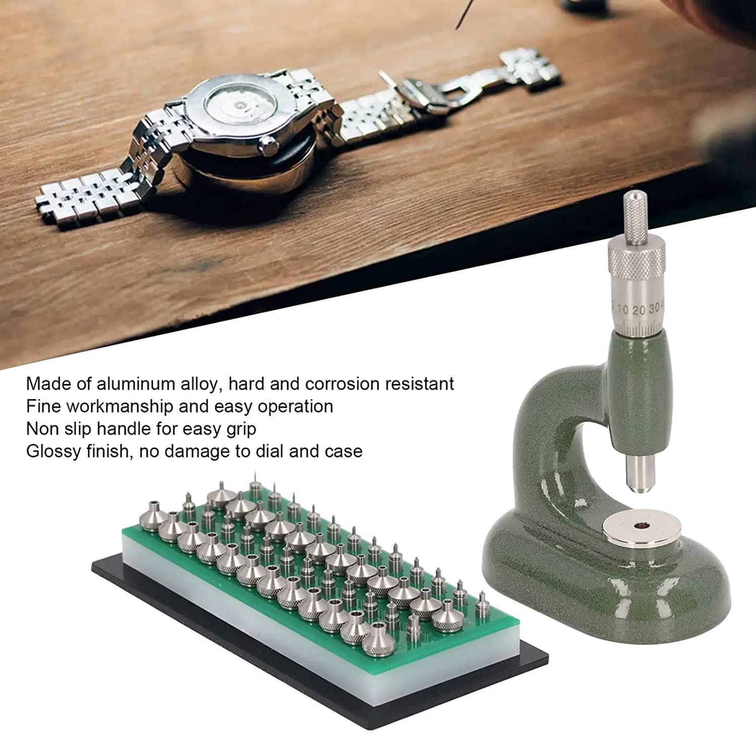 Herramienta de ReparacióN de Relojes, Conjunto de Prensa de Reloj, Carcasa Trasera Reloj, Herramienta de JoyeríA de, AleacióN de Aluminio Verde con 48 Uds. De Troqueles