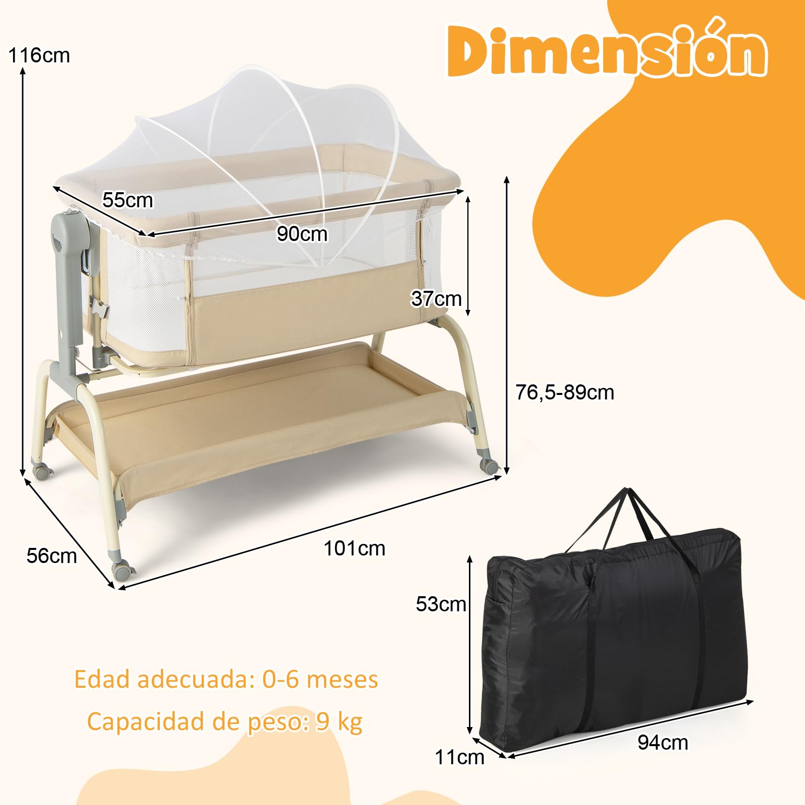COSTWAY Cuna de Viaje para Bebé con Red, Cuna Colecho con 6 Alturas Ajustables, Colchón, Malla de 4 Lados, Cesta de Almacenamiento y Ruedas con Bloqueo, Cuna de Viaje Portátil con Bolsa (Beige)