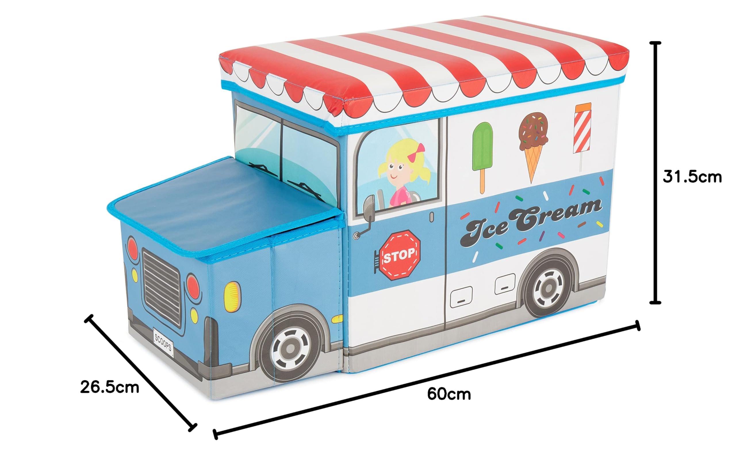 Bieco Boîte de Rangement Camion à Glace pour Enfants avec Siège Rembourré | Coffret à Jouets Unisexe avec Couvercle | Coffre Pliable Bleu & Blanc | Boîte de Rangement Pliable de 47 L | Ref. 04000510