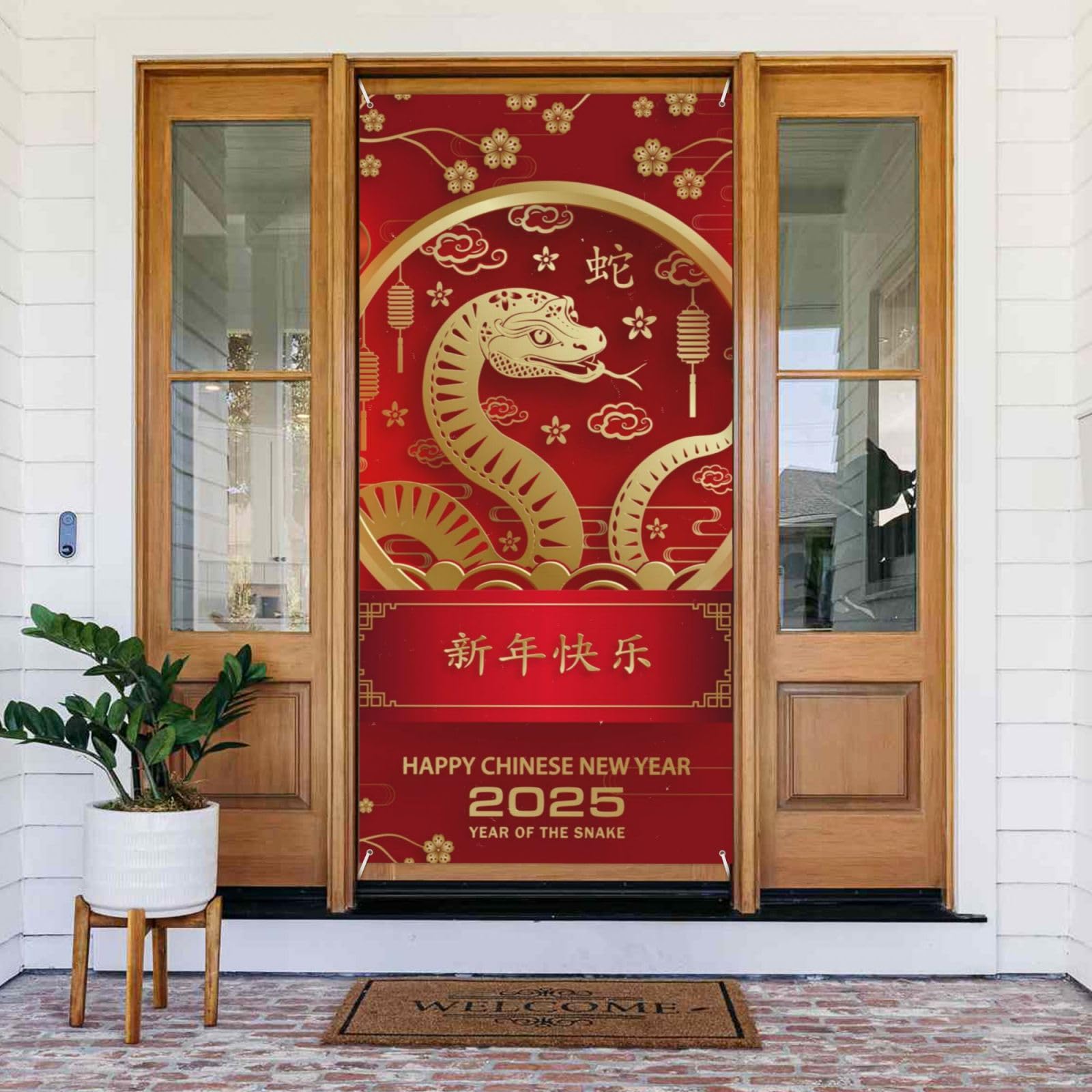 Year Of The Snake 2025 Happy Chinese New Year 2025 Door Cover Banner Backdrop Background Tapestry Flag for Party Front Door Decorations Party Supplies