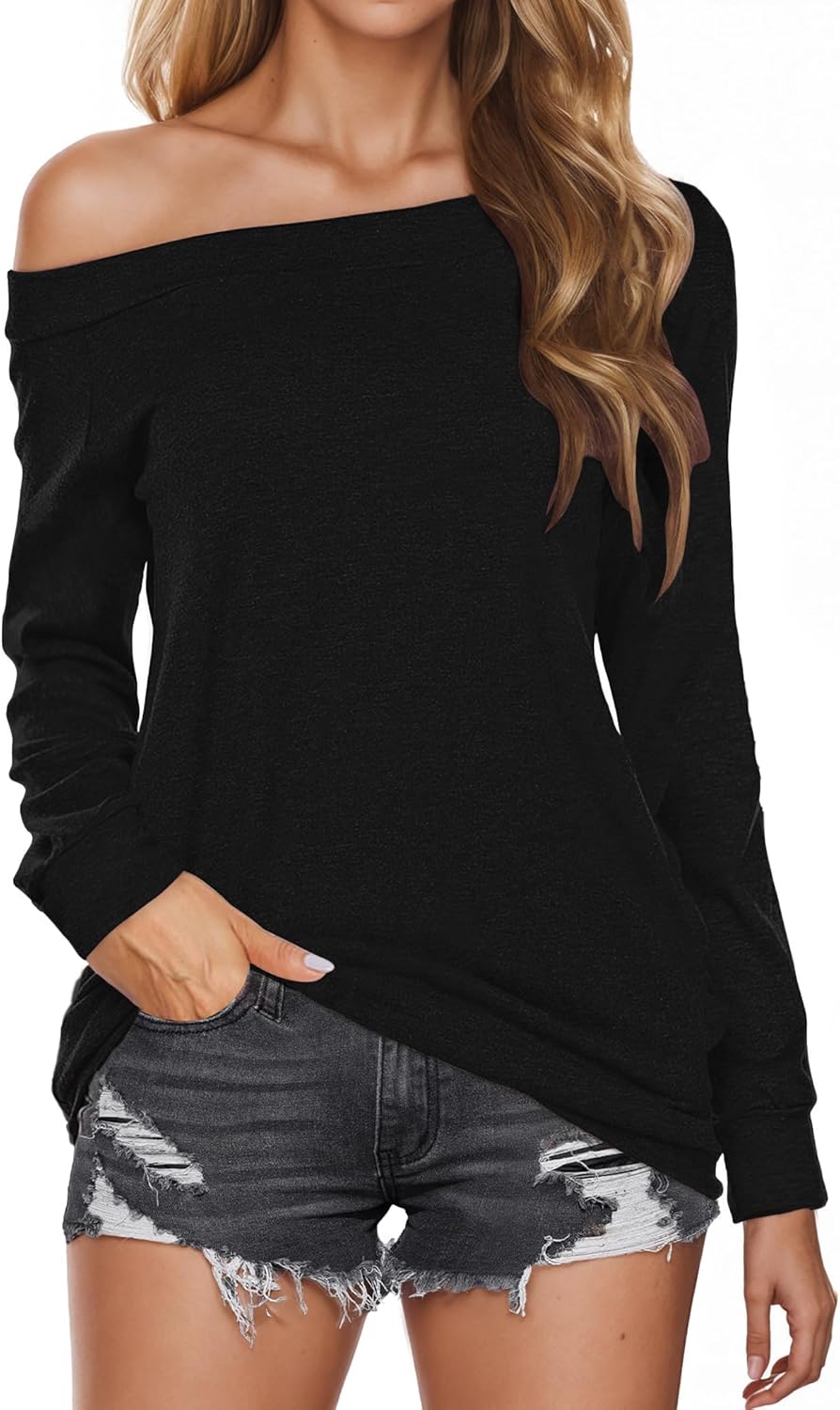 Buauty Women's Off Shoulder Tops Boat Neck Long Sleeve Blouse Cute Loose Casual Oversized Shirt 2026 Drop Shoulder Baggy Tops - Image 2