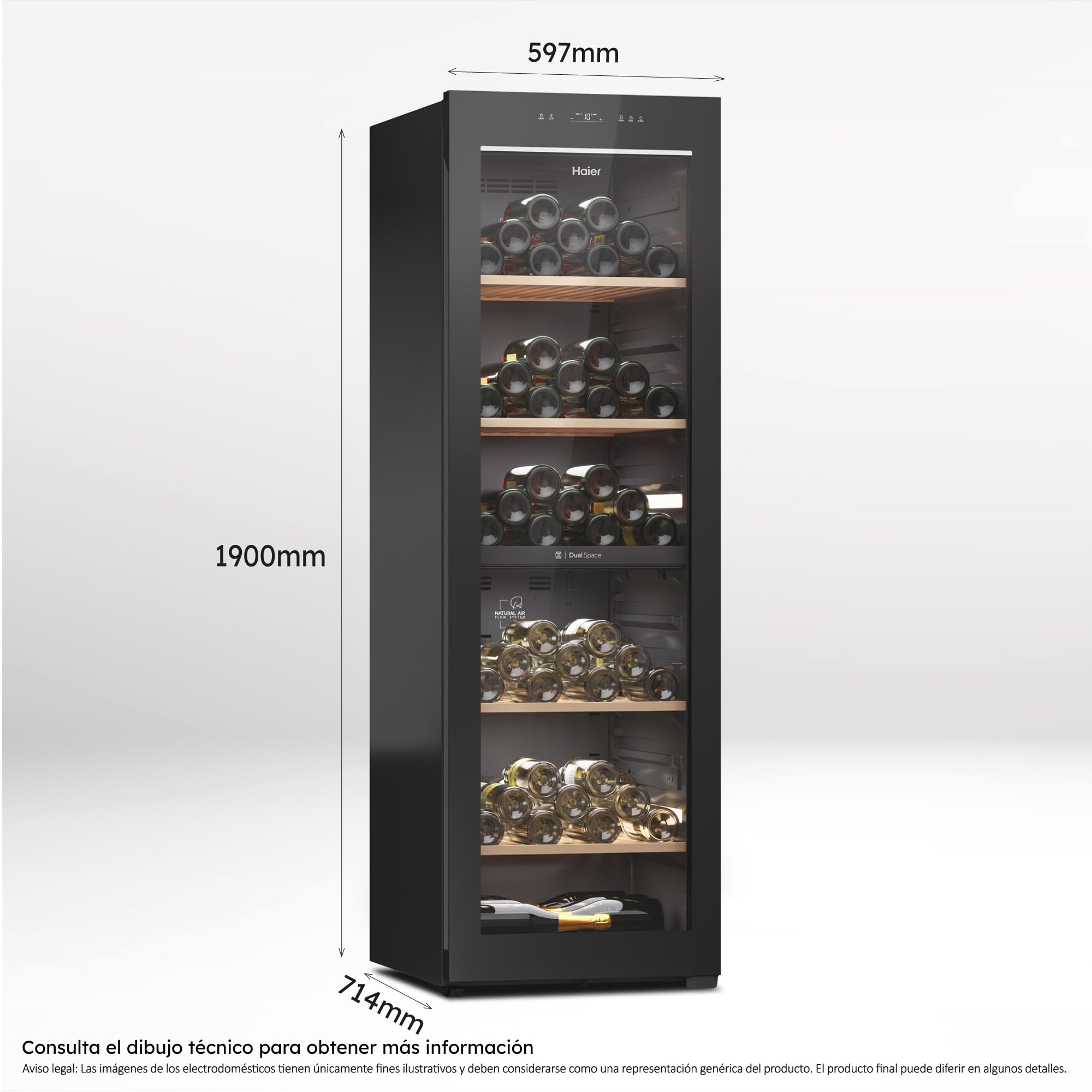 Haier Wine Bank 60 Series 7 HWS236GDEH1- Vinoteca 236 botellas, WIFI, 2 Zonas independientes, Estantes de madera, Filtro Anti-UV, Filtro de carbón, Display Digital, Iluminación LED 3D, 35 dbA, Negra — view 4