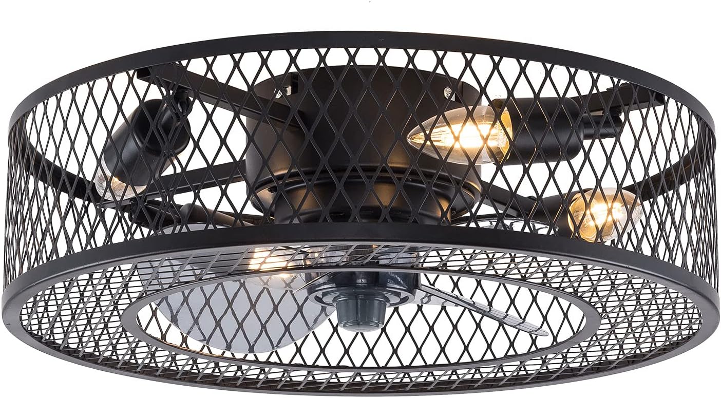OUKANING Farmhouse Ceiling Fan with Lights Remote Control Industrial Metal Cage Light Rustic Style Ceiling Fans 18 Inch