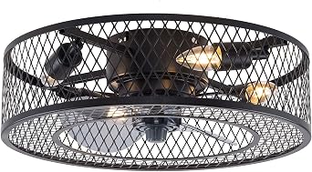 OUKANING Caged Ceiling Fan Light Kit 18", 3 Speeds Adjustable, Ceiling Fan Lights with Remote, Industrial Ceiling Fans for Living Room, Bedroom, Kitchen, 4 x E27 Bulb Base No Bulb, Black 18 Inch