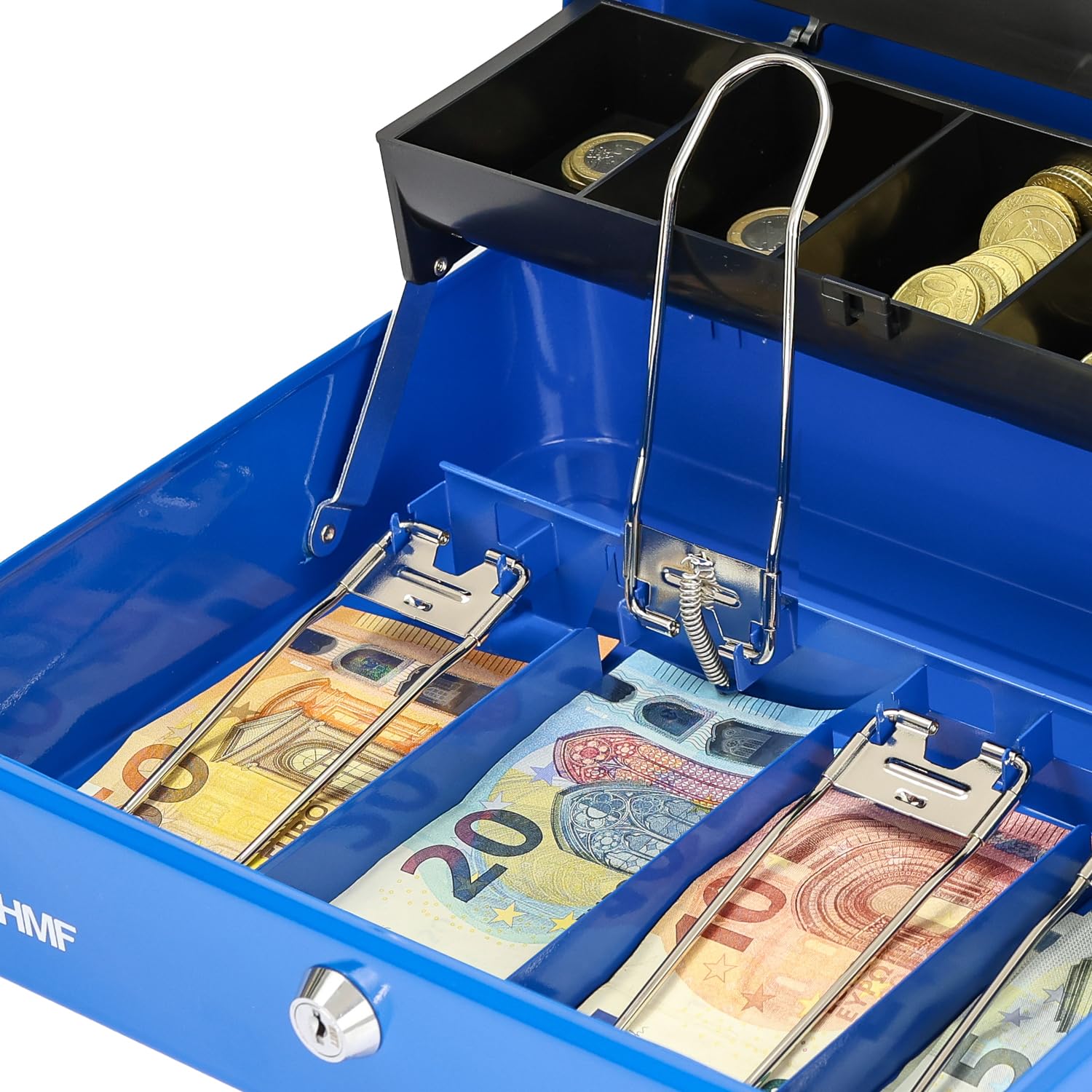 HMF 15230-05 - Caja de caudales con cerradura con compartimento para monedas y 4 compartimentos para billetes con pinza | 30 x 24 x 9 cm | Azul
