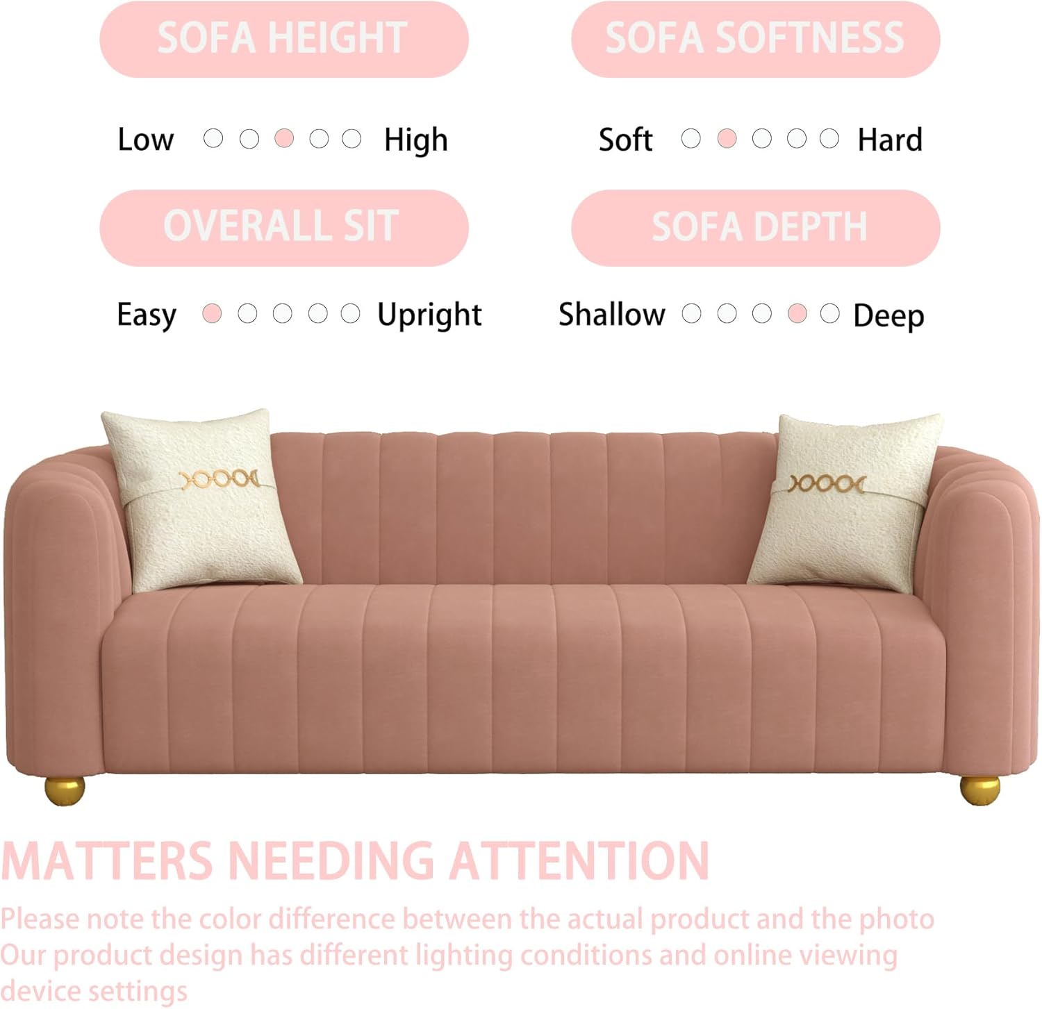 83" Luxury Pink Velvet Couch Mid Century Modern Sofa Loveseat 3 Seater Comfy Couches with Round Metal Legs Simple Velvet Tufted Sofa for Living Room Office Apartment