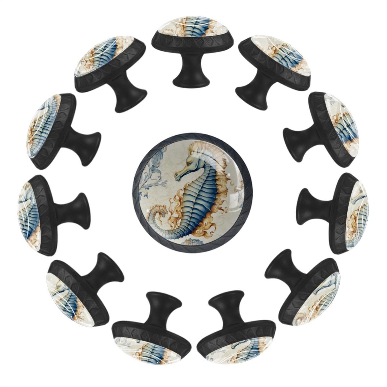 Boutons de tiroir hippocampe en verre transparent Art Ocean pour meuble de chambre - Lot de 12