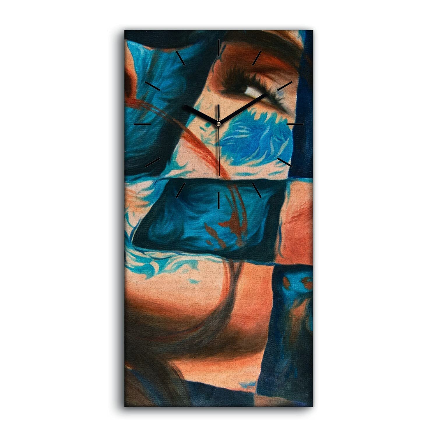 Horloge sur toile 30x60cm avec peinture de femme abstraite et aiguilles noires