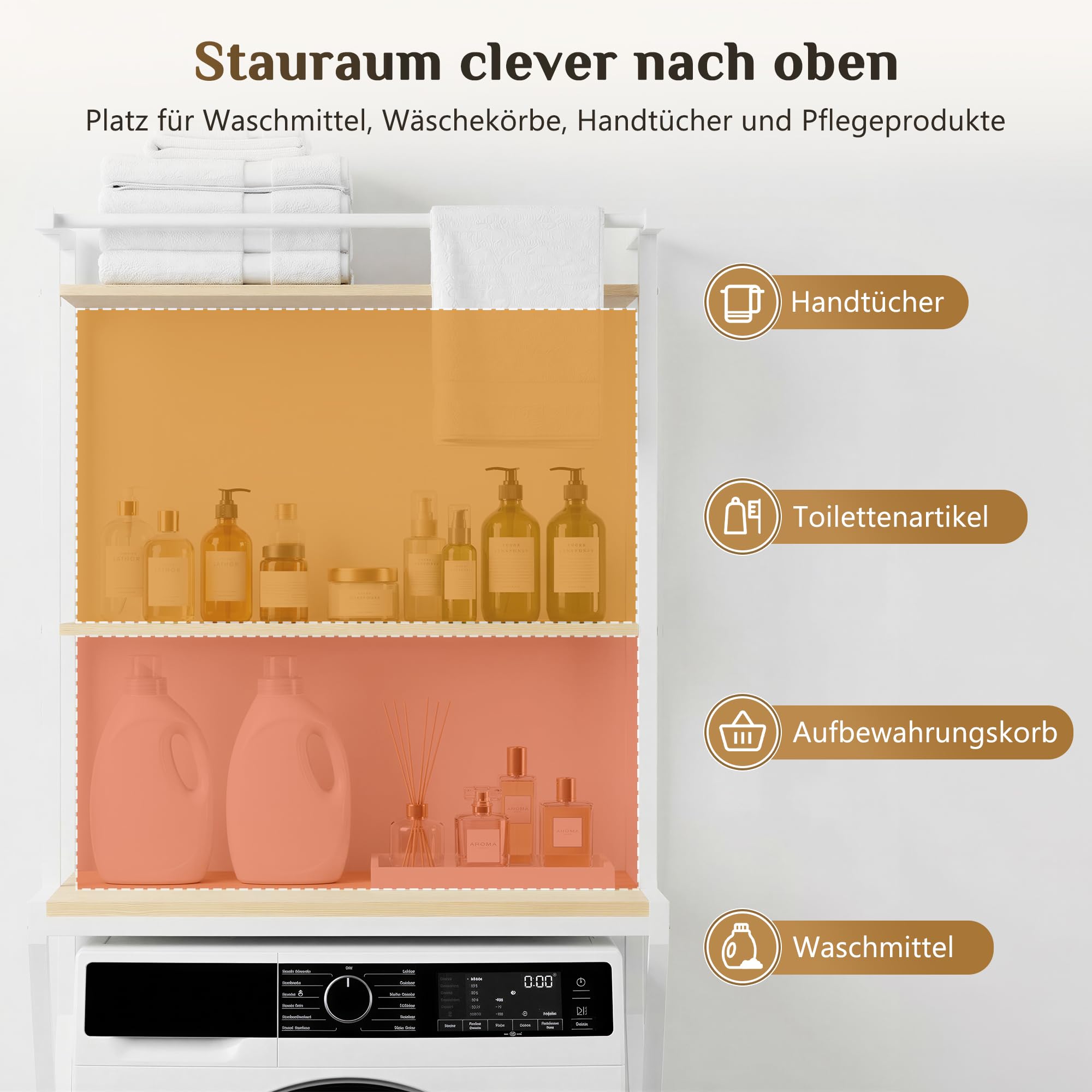 APICIZON Waschmaschinenregal mit Handtuchhalter, Toilettenregal, 3 Tier Waschmaschinenschrank, 67 × 40 × 165 cm, Modedesign, für Badezimmer, Küche, Balkon, Natürlich & Weiß