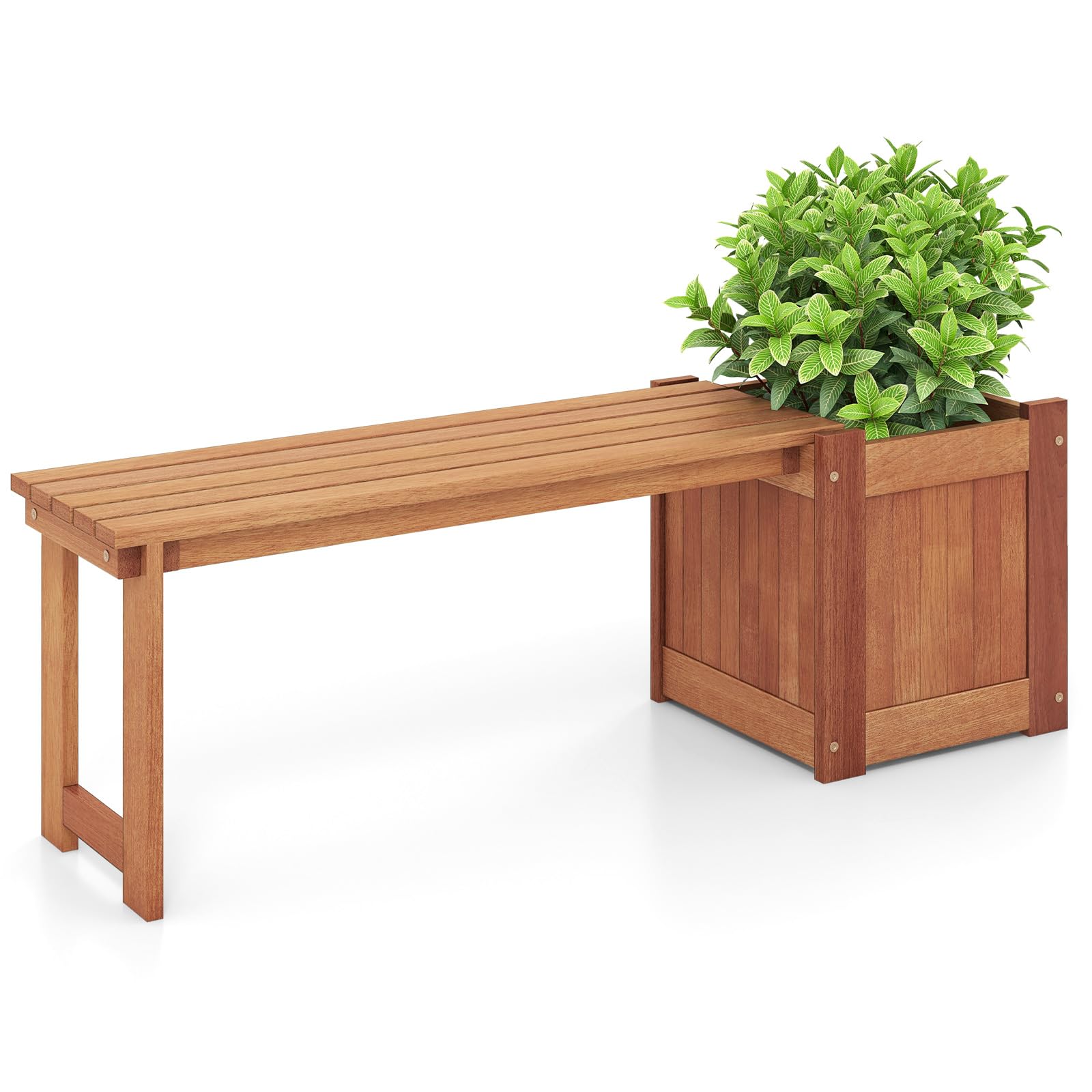 HAPPYGRILL Outdoor Bench with Raised Garden Bed, Wood Planter Box with Spacious Seat, Open-Ended Base for Herbs Fruits Vegetables, 2-in-1 Garden Bench