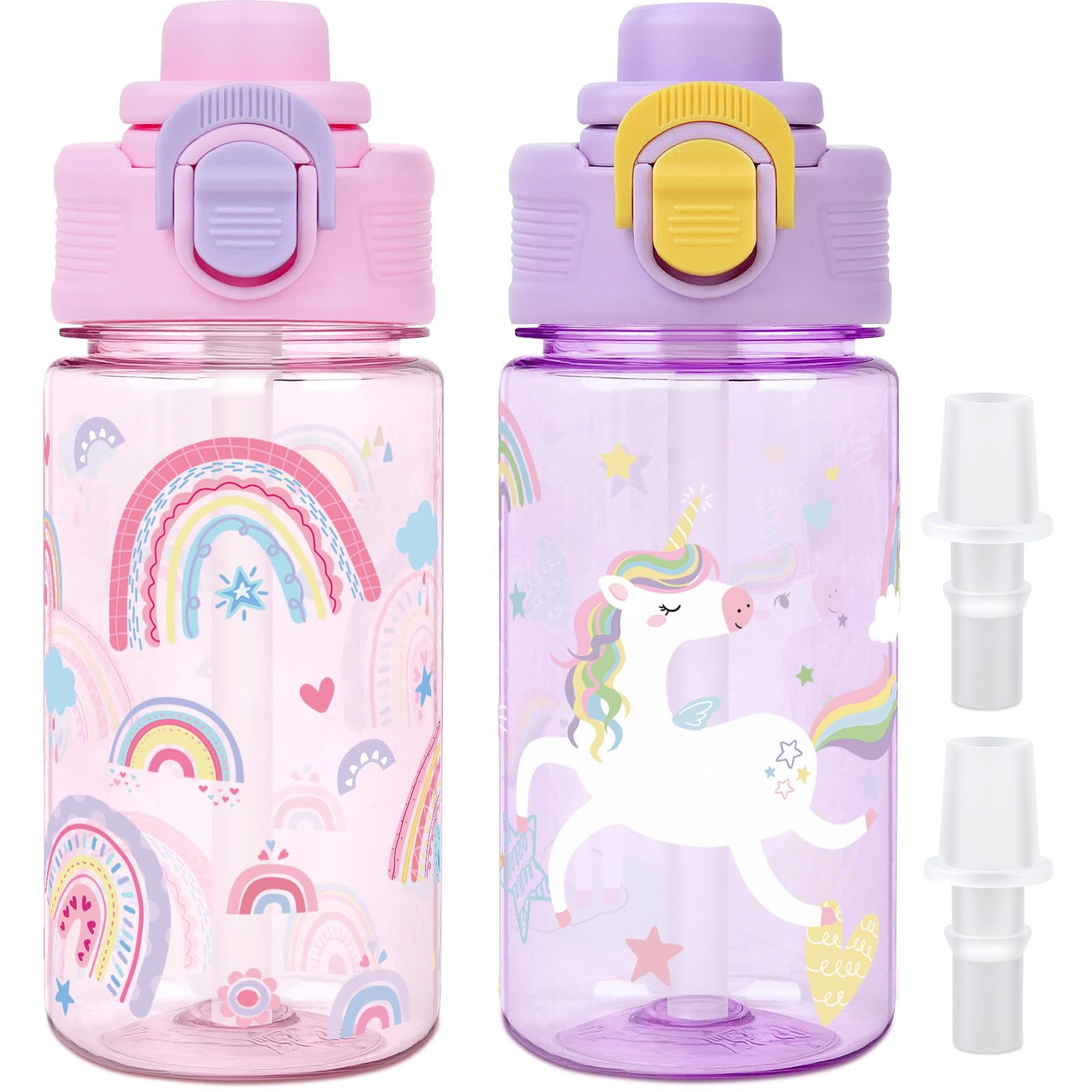Kids Water Bottles with Straw, 2 Pcs 380ml Boys Girls Leakproof Water Bottle with Bite-to-Sip Spout, Secure Lock and Carry Handle, Bpa-Free for Kids Nursery Sports School - Rainbow & Purple Unicorn