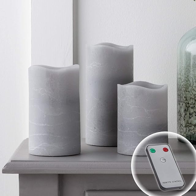 Lights4fun Set of 3 Battery Operated Grey Remote Controlled Real Wax Pillar Candles Warm White LEDs