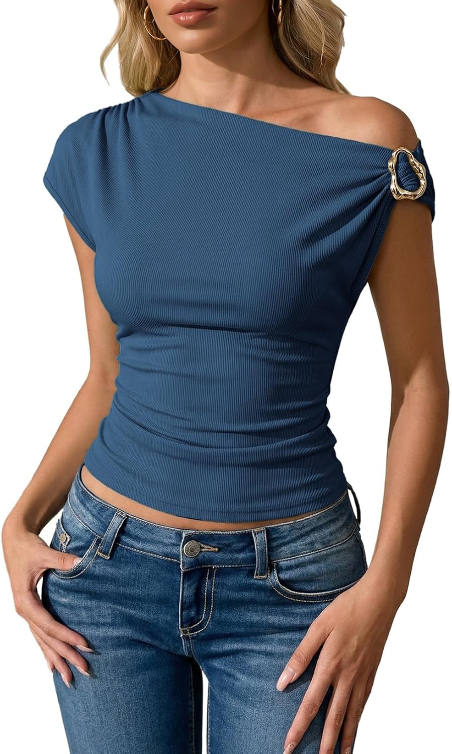 Dokotoo Womens 2026 Summer Off The Shoulder Tops Sexy Y2k Going Out T Shirts Fashion Asymmetrical Blouses - Image 2