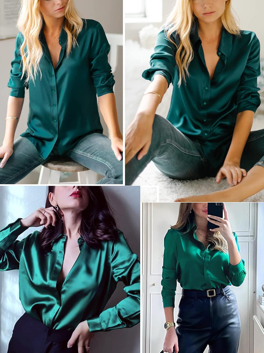HOTOUCH Women Satin Silk Button Down Shirt Ladies Long Sleeve Tops V Neck Loose Blouse Dressy Business Casual Work Tunic Fall - Image 4