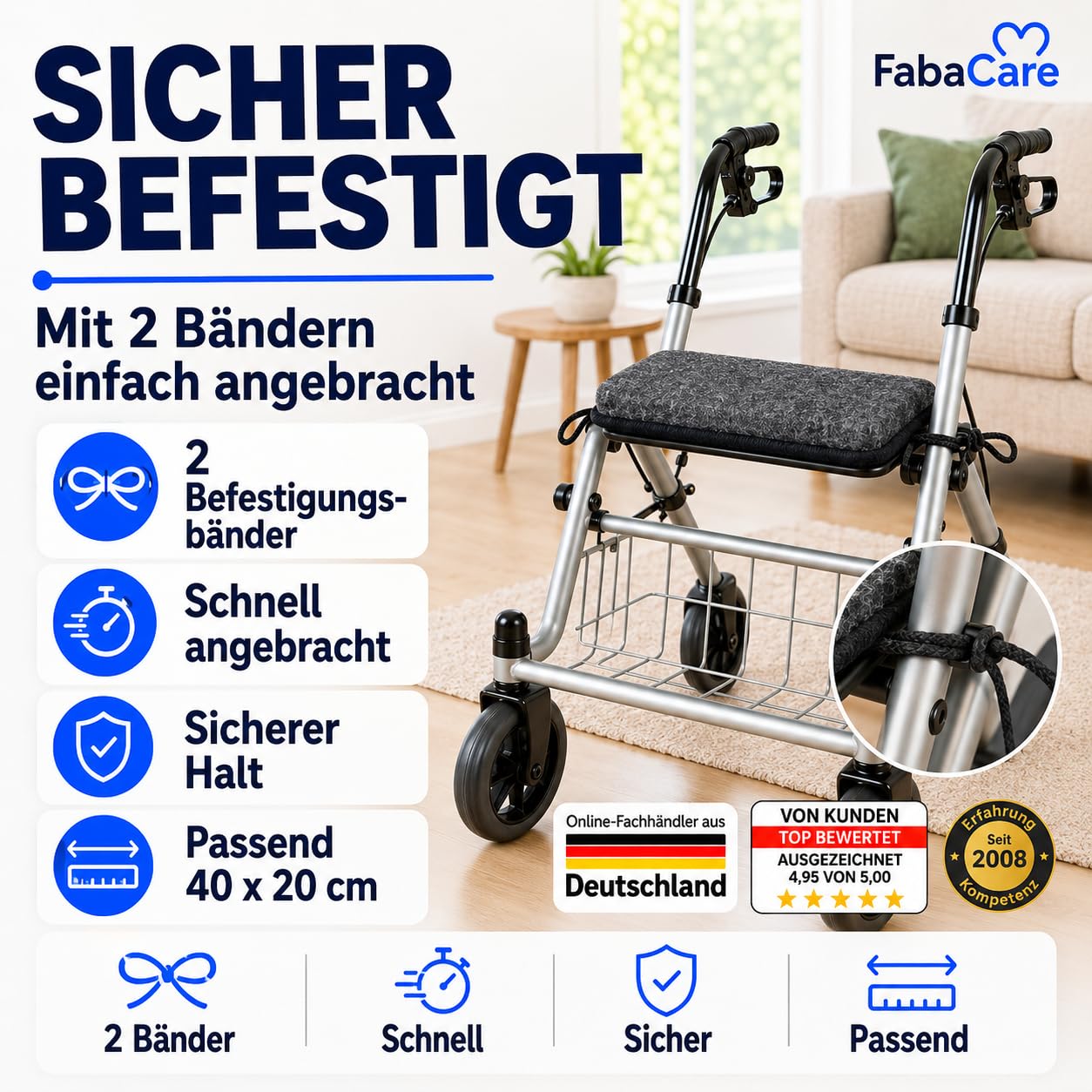 FabaCare Rollator Sitzpolster 40x20 cm Anthrazit | 100 % Schurwolle-Sitzkissen mit 2 Befestigungsbändern, Schaumstoffkern, atmungsaktiv, bequem & bei 30 °C waschbar