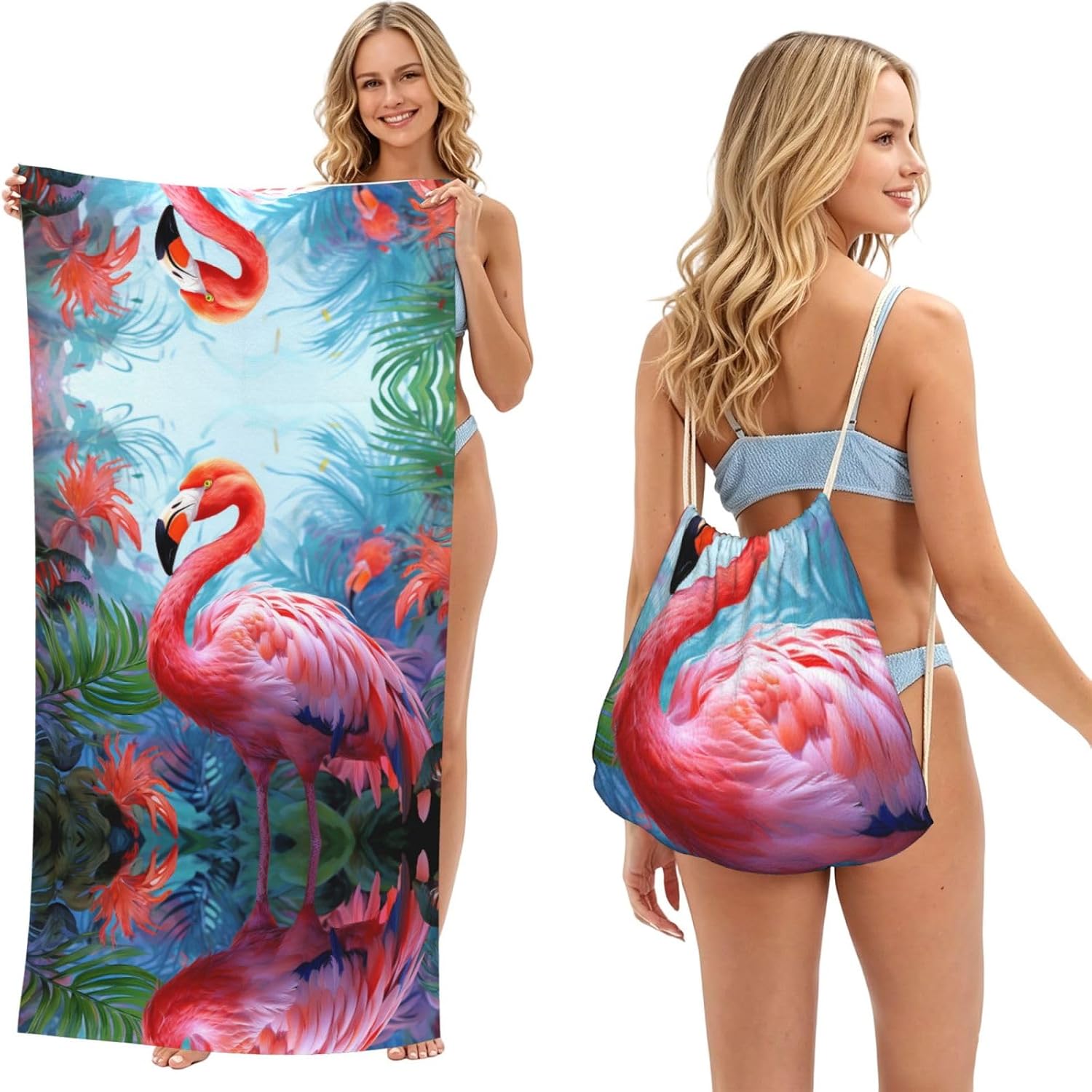 2 in 1 Packable Towel Bag,Soft Absorbent Pool Towels Backpack Quick Dry Lightweight Beach Towels Painted Flamingo Drawstring Bag for Travel Camping Sports Picnic
