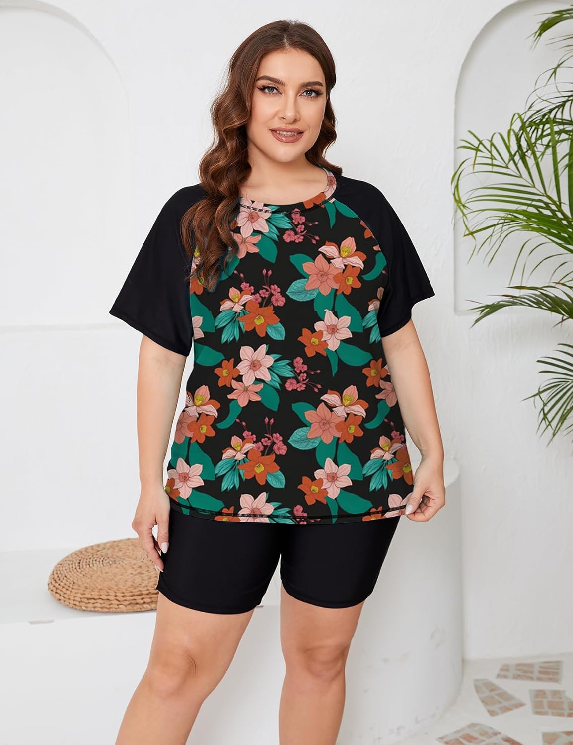 ZOMVA Plus Size Women's 2 Piece Rash Guard Swimsuit Modest Short Sleeves Swim Shirt with Boyshorts UPF 50+