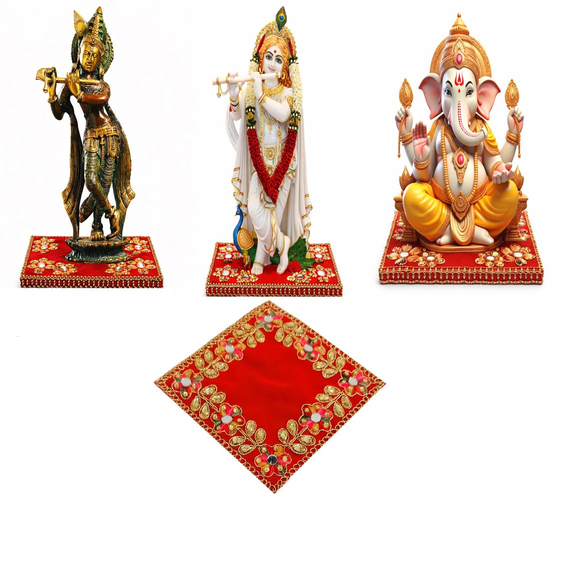 Pooja Aasan for Mandir Red Velvet Square Altar Cloth | Embroidered Mat for Mandir | Decorative Base for Puja, Temple, Religious Gifting | Gold Zari Mirror Stone Work 5 x 5 inch Daily Use (4)-picture-28