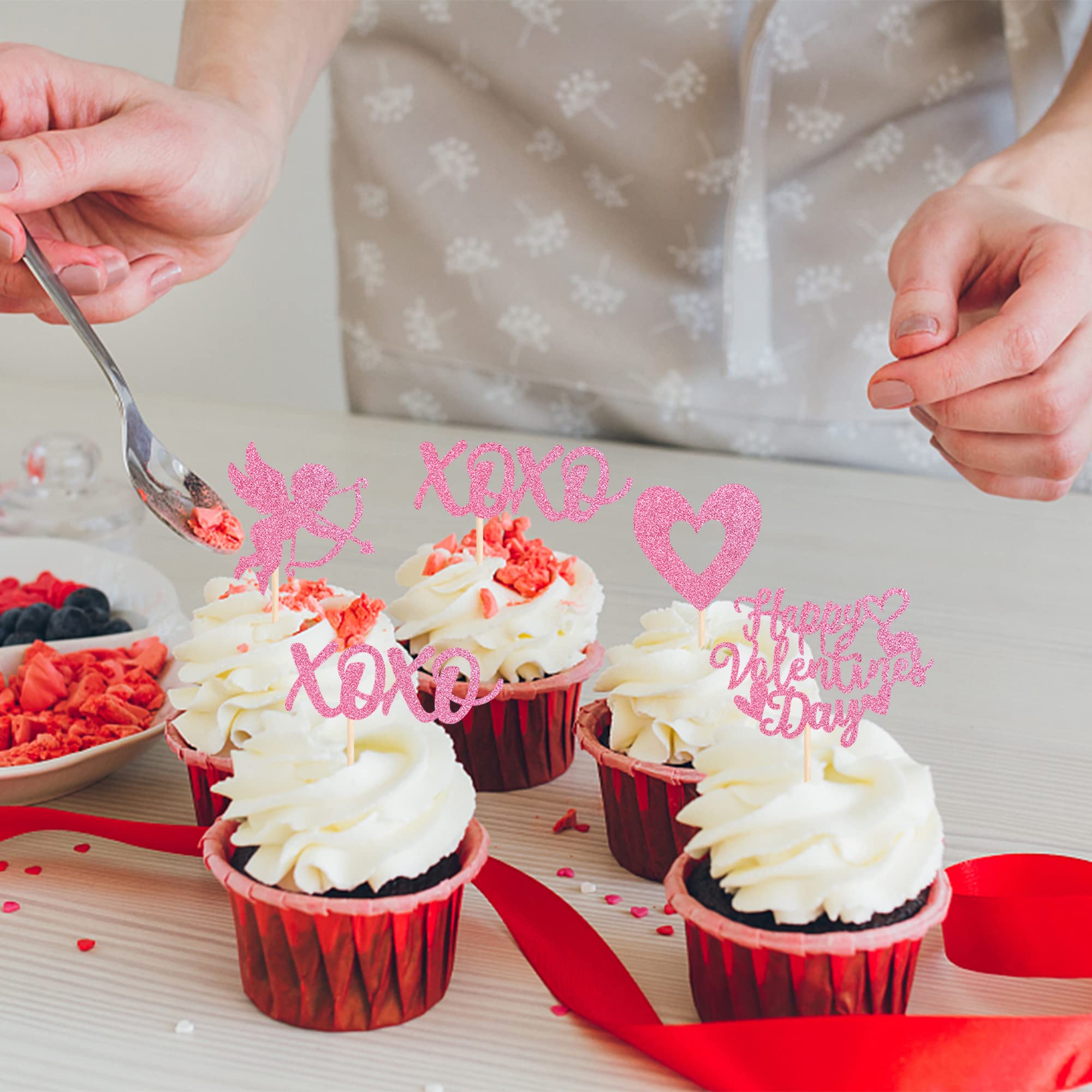 48 Topper Per Cupcake San Valentino Glitter – Scritta Happy Valentine's Day, XOXO Cupido – Confezione 4 Modelli – Decorazioni Per Dolci E Feste D'amore