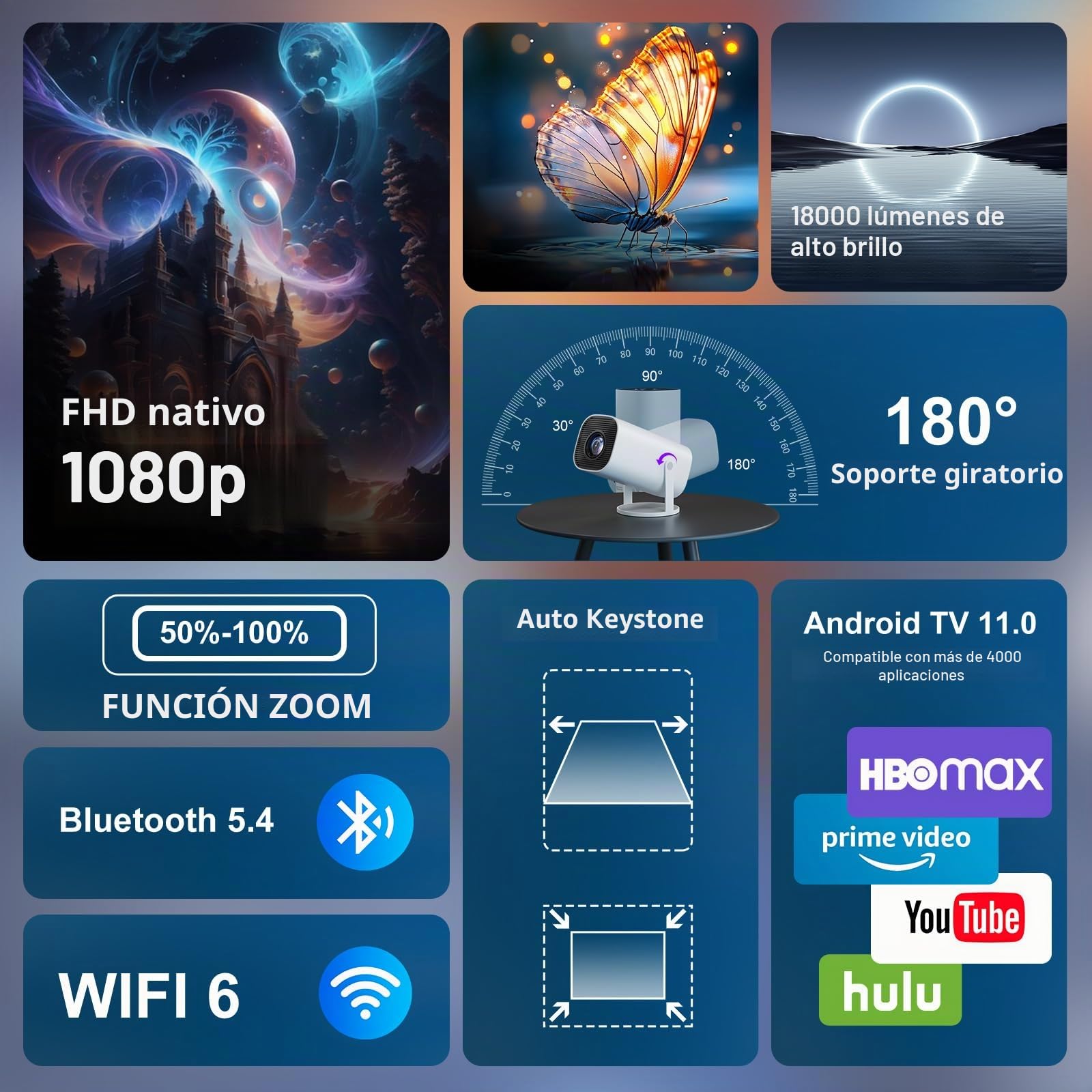 Proyector Portatil 4K Full HD 1080P, Proyector 4K con WiFi 6 y Bluetooth 5.4, con corrección Trapezoidal automática, rotación de 180°, Compatible con HDMI/TV Stick/PC/Memory Stick
