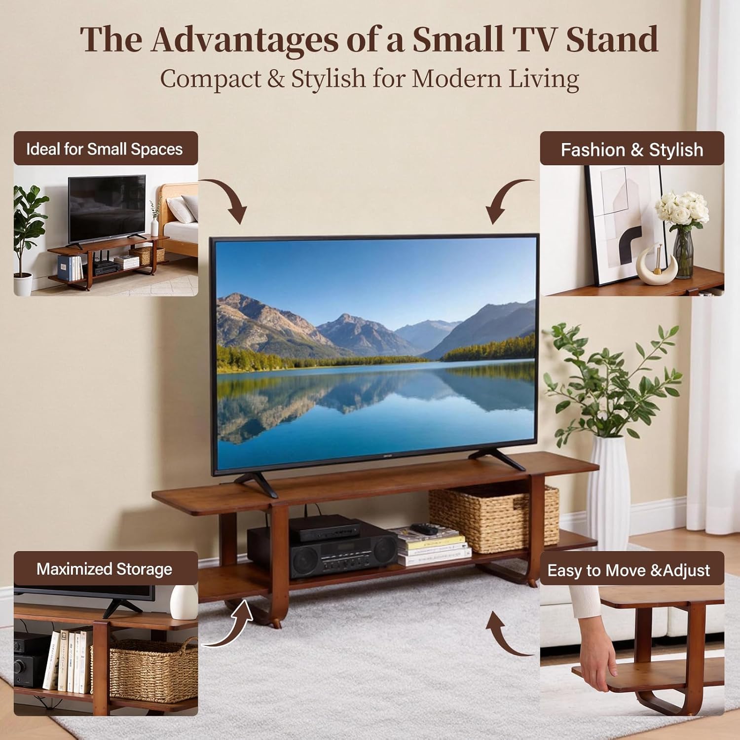 Tiita TV Stand with Storage for TVs up to 65'', Bamboo TV Console Entertainment Center with 2 Open Shelf, Mid Century Modern Media Console for Living Room, Bedroom, Walnut - Image 6