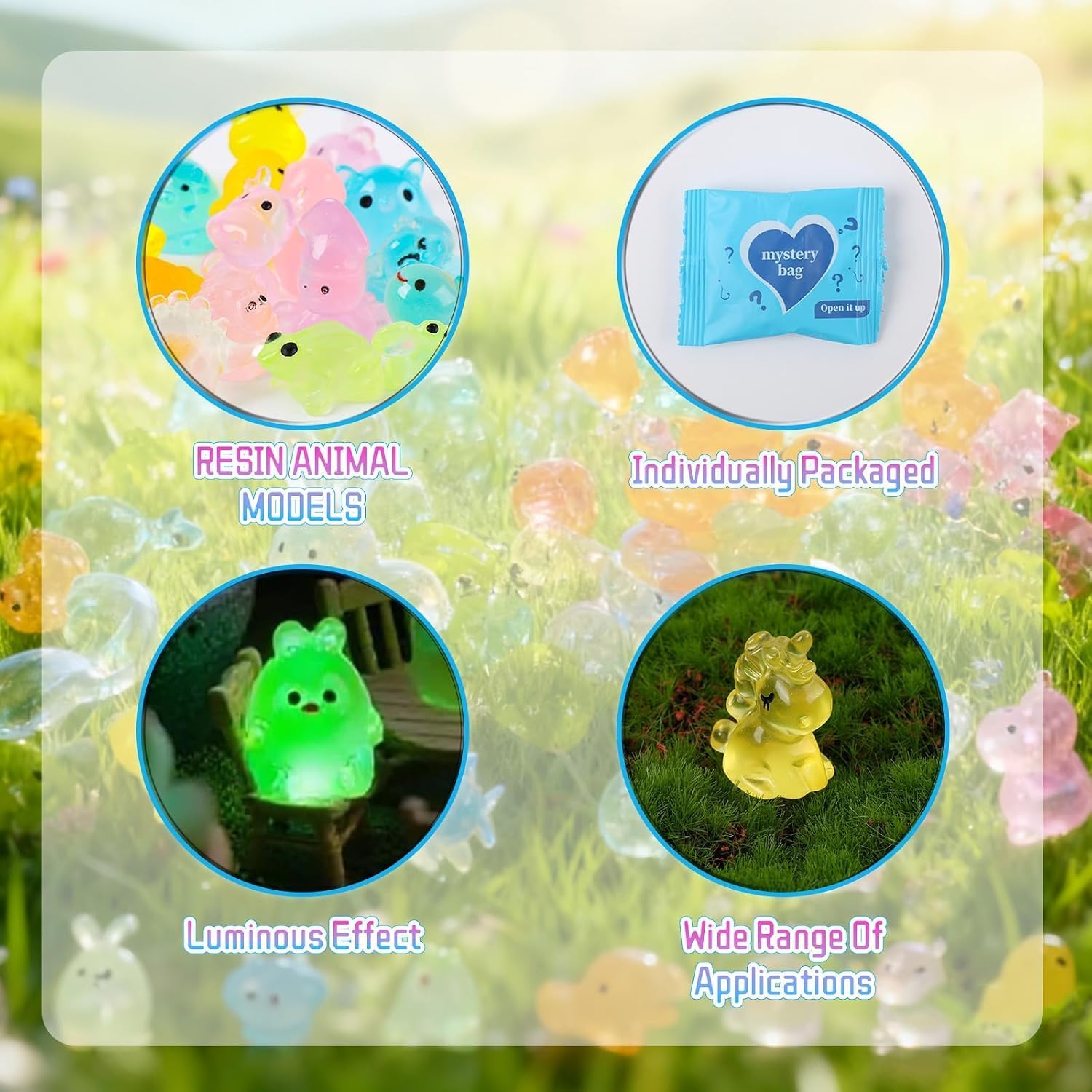 TQBAJ 200pcs Mini Glow in The Dark Animal Resin Models, Mystery Resin Animals Blind Bag, DIY Fairy Garden House Micro Landscape Aquarium Decor, Individually Wrapped Blind Bag
