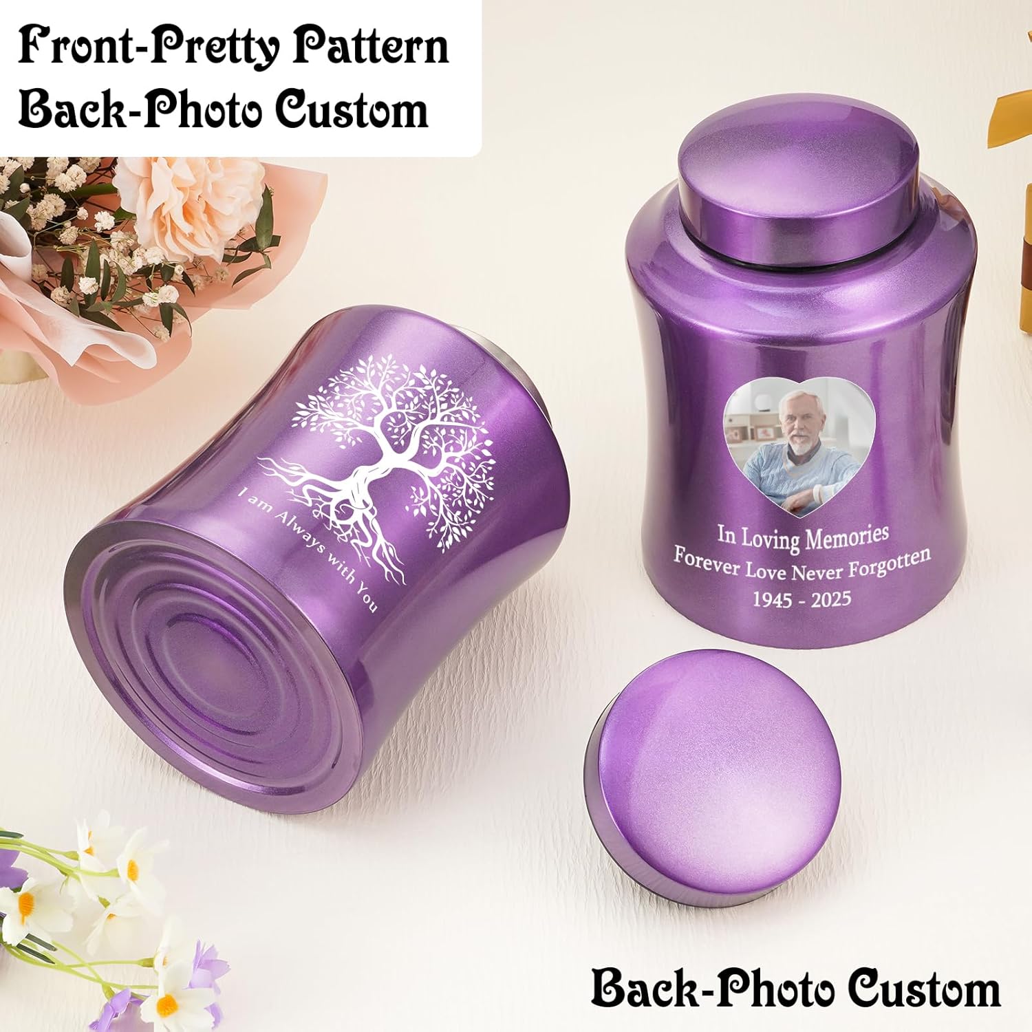 SOITIS Purple Stainless Steel Urn for Ashes - 8.27 Inches Decorative Cremation Urn with Engraved Memorial Design, Adult Keepsake with Velvet Bag, Sympathy Gift for Loved Ones