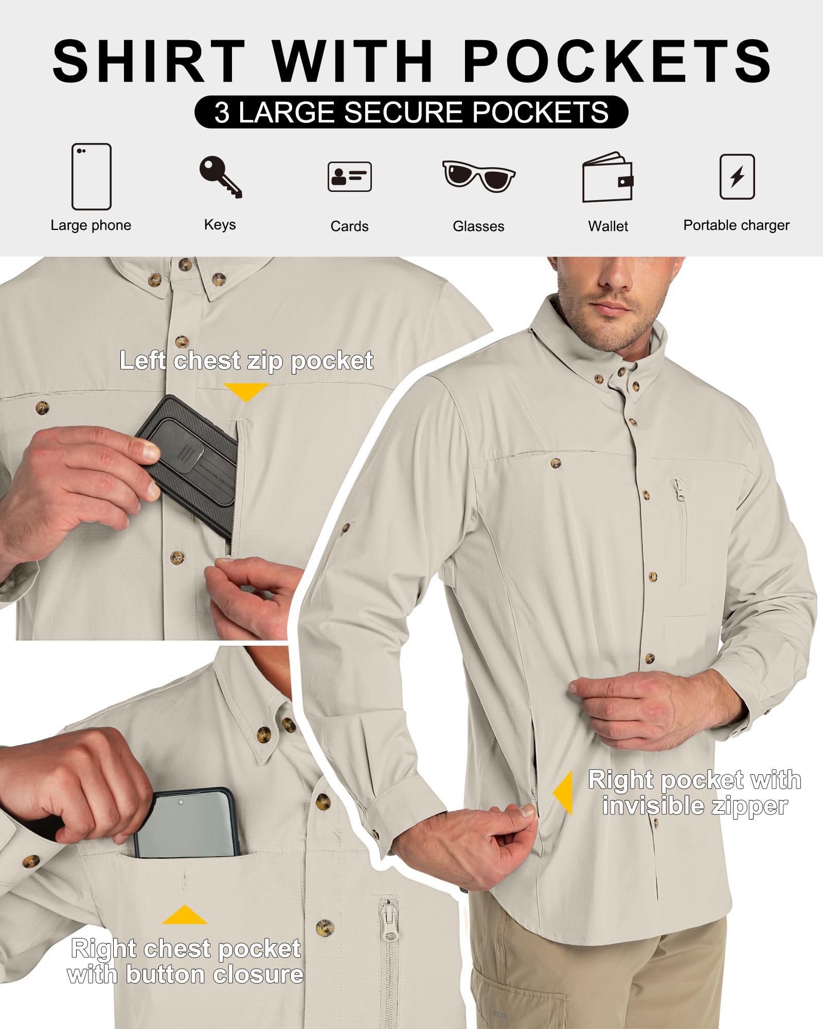 33,000ft Safari Camicia sportiva da uomo a maniche lunghe, UPF50+, protezione UV, traspirante, con bottoni, per escursioni, pesca, viaggi
