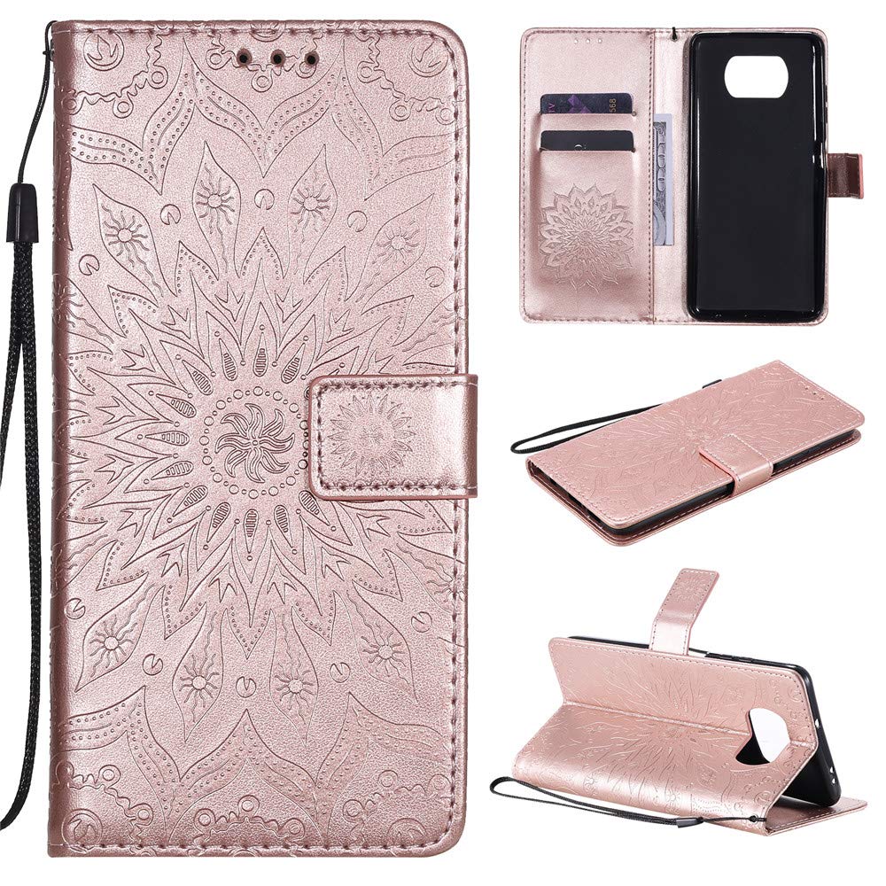 Custodia Flip In Pelle Con Portafoglio Per Xiaomi Poco X3 NFC – Design Mandala Rosa E Oro – Interno In TPU, Supporto