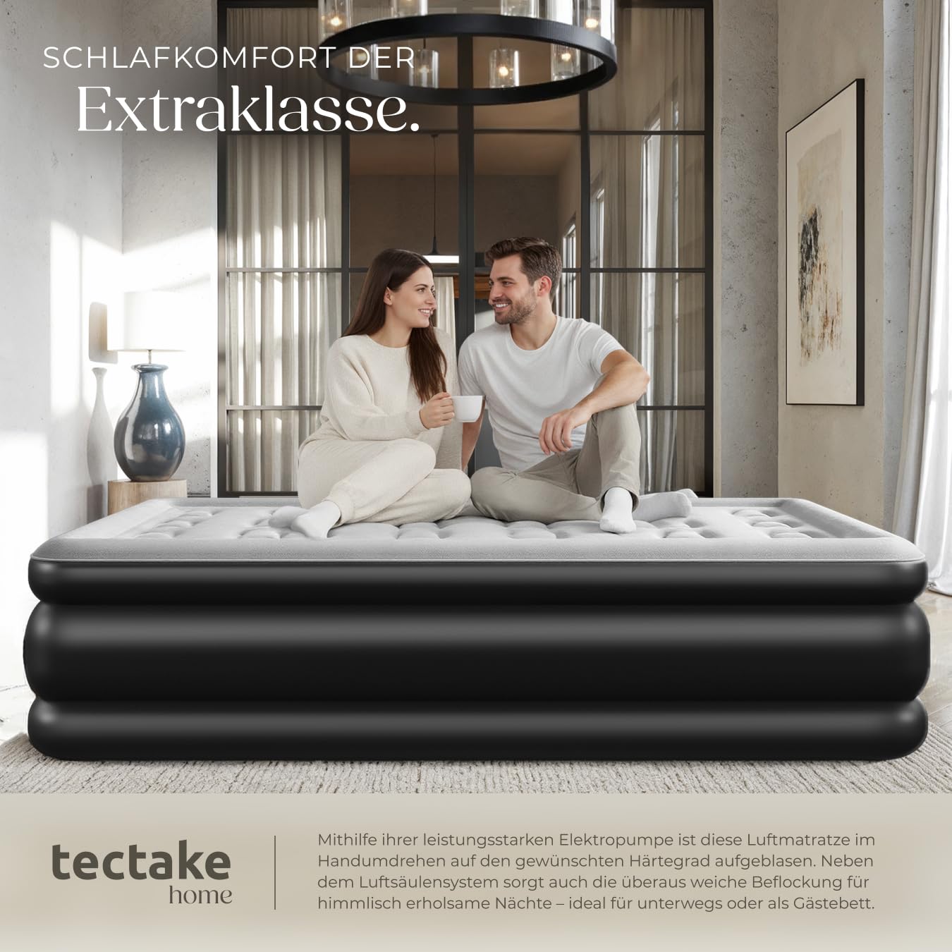 tectake® aufblasbare Matratze, Schlafmatratze, Bett mit Elektropumpe, Luftmatratze selbstaufblasend, Luftbett, Reisebett für Camping, als Gästebett, mit Transporttasche - 200 x 101 x 44 cm