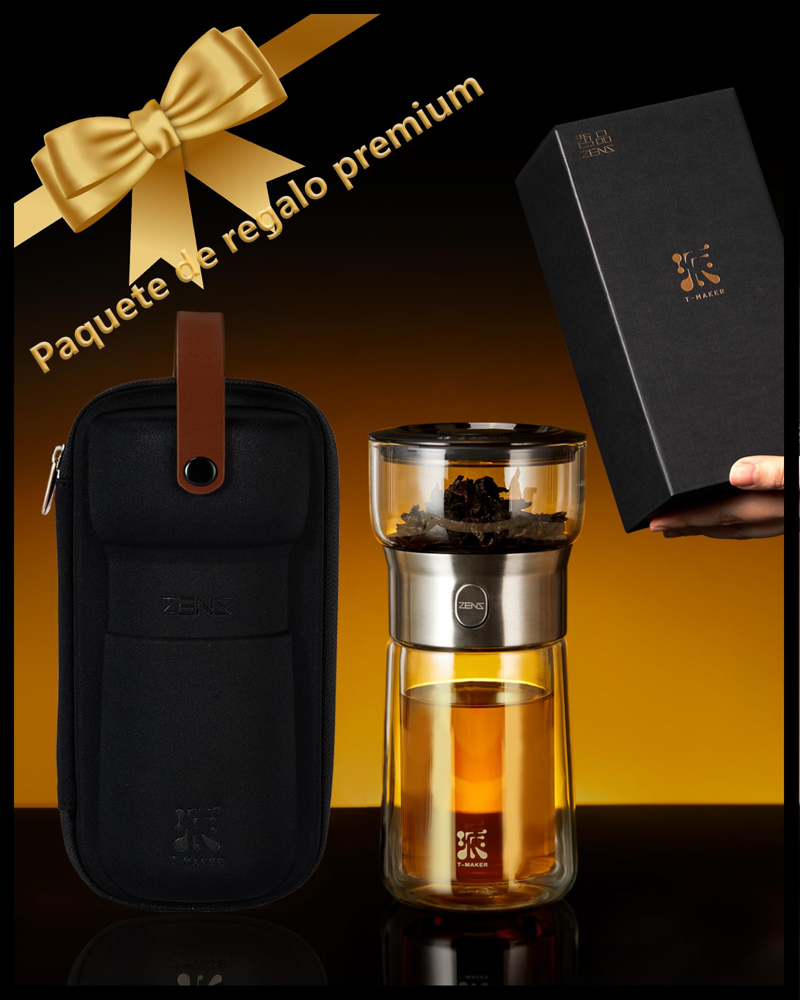 ZENS Tetera de cristal con Infusor, mágico con un solo toque drain tetera para té en,teapots con filtro con taza de doble pared y Negro estuche portátil para los amantes del té.