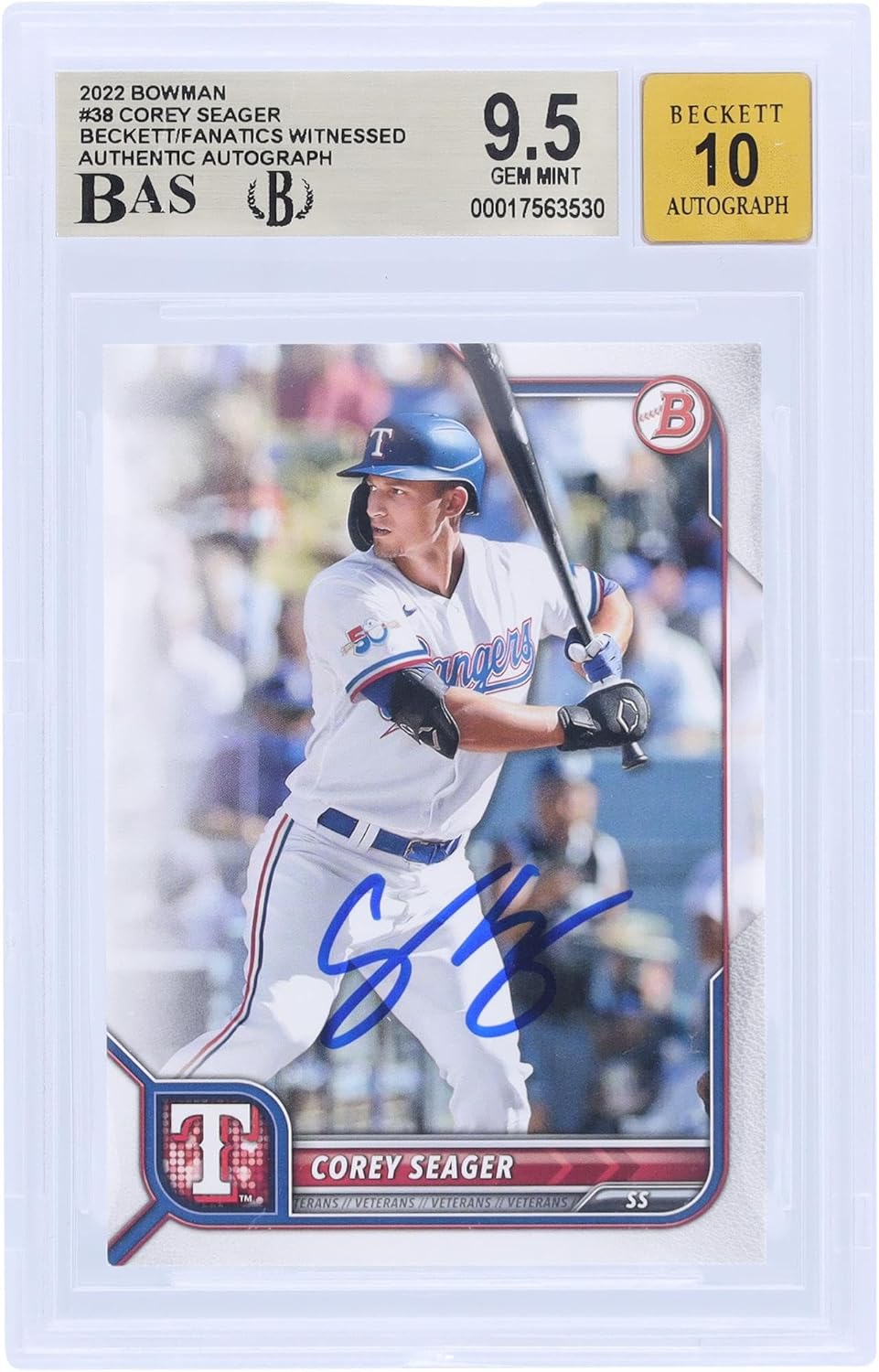 Corey Seager Texas Rangers Autographed 2022 Bowman #38 Beckett Fanatics Witnessed Authenticated 9.5/10 Card - Baseball Slabbed Autographed Cards