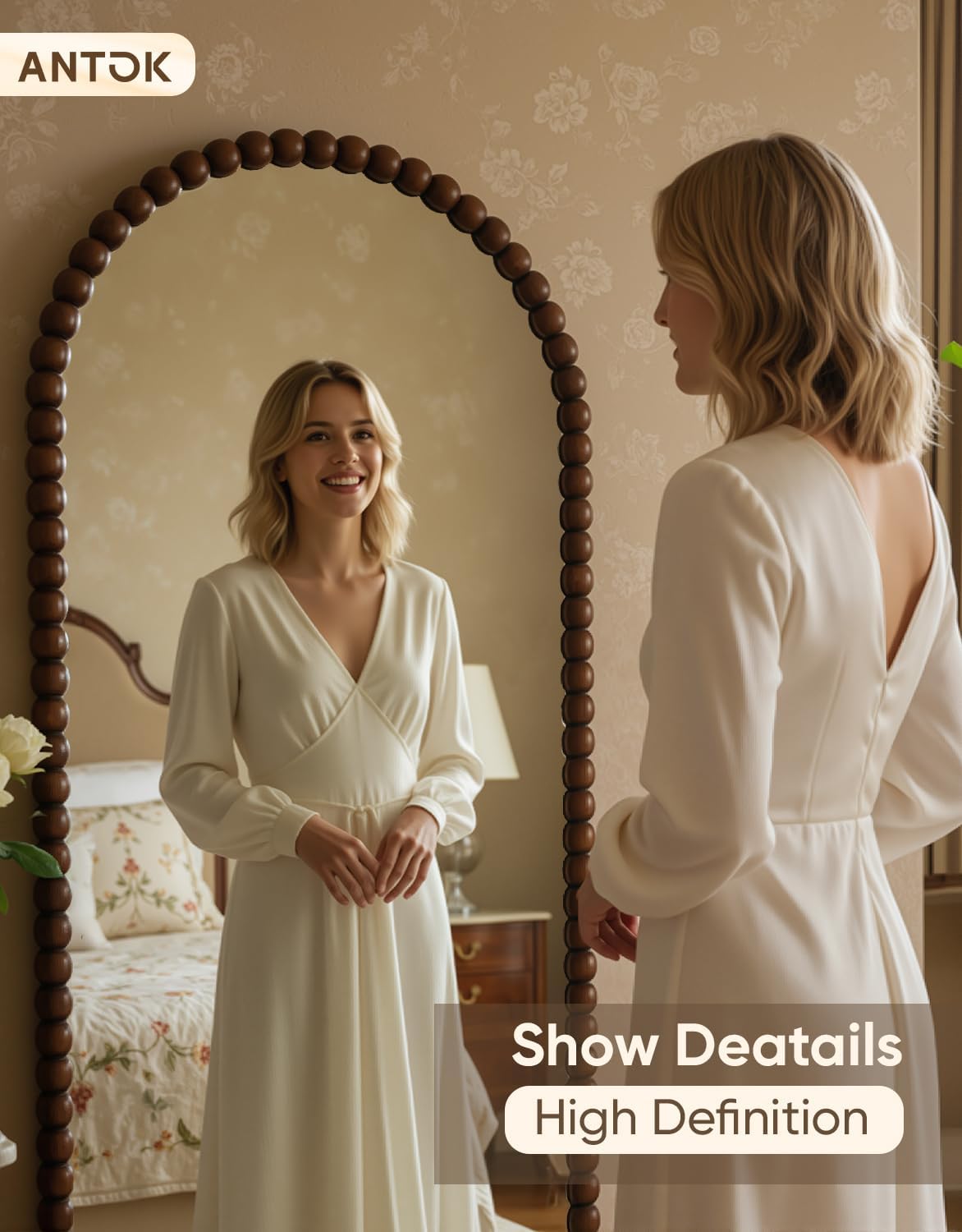 Antok Floor Mirror, 57"×21" Vintage Full Length Mirror Beaded Full Body Mirror with Stand, Hanging Mounted for Bedroom Living Room Cloakroom,Brown,Luxury Style - Image 6