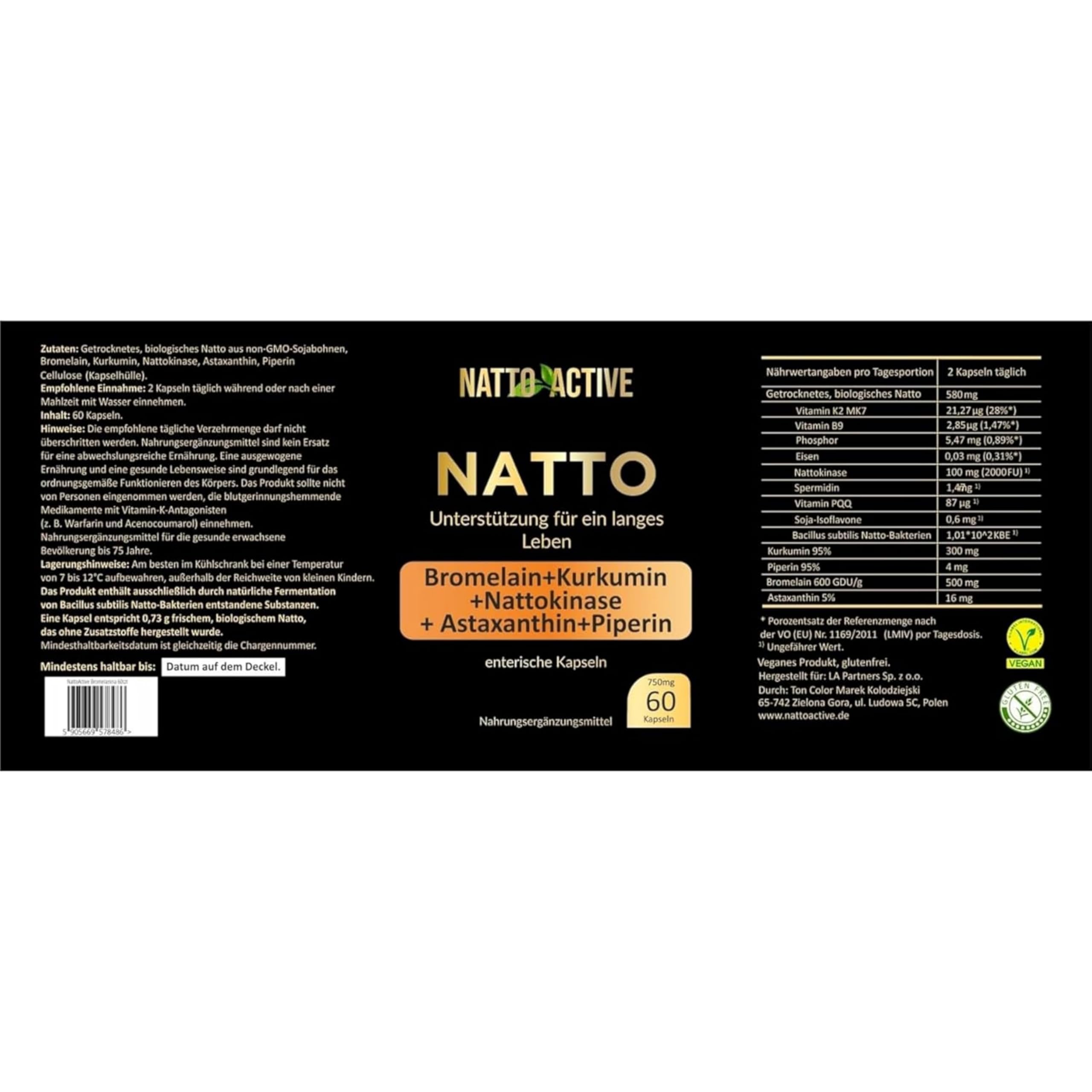 Nattokinase Hochdosiert Bio (20.000 FU/g) mit Bromelain 500mg | Kurkumin 300 mg, Astaxanthin 16mg, Vitamin K2 MK-7 & Piperin, 6 Inhaltsstoffe in 1 Kapseln - Nattokinase Kapseln 60