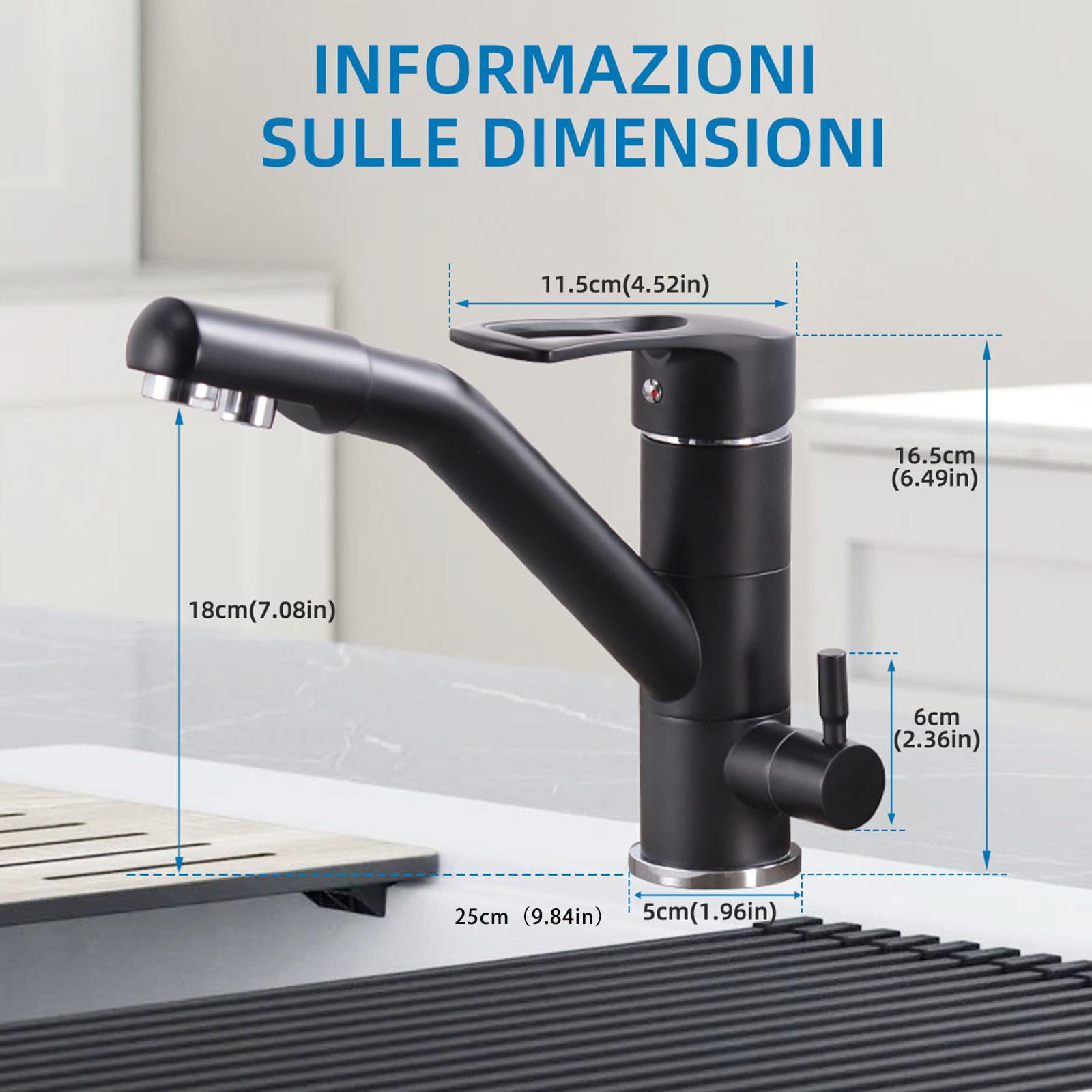 3-Wege-Küchenarmatur, 360° drehbarer Küchenarmatur, Spültischarmatur mit flexiblem Auslauf, G3/8 Zoll (Dreifach-Anschluss-Wasserhahn mit Wasserfilter, Schwarz)