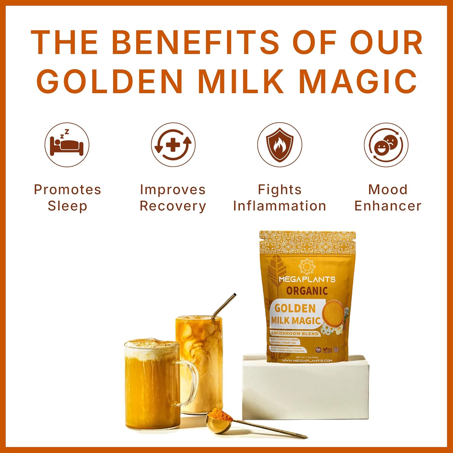 Golden Milk Magic (30 Servings) | Superfood 5 Mushroom Blend for Sleep, Relaxation, Relief | Turmeric, Ashwaghanda, Valerian, Chamomile + 5 Mushroom Blend | Smoothie, Beverage 5000mg - Image 4