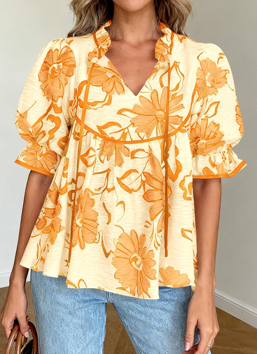 PRETTYGARDEN Womens Summer Tops 2026 Cute Puff Sleeve Ruffle V Neck Babydoll T-Shirts Boho Floral Spring Peplum Shirts