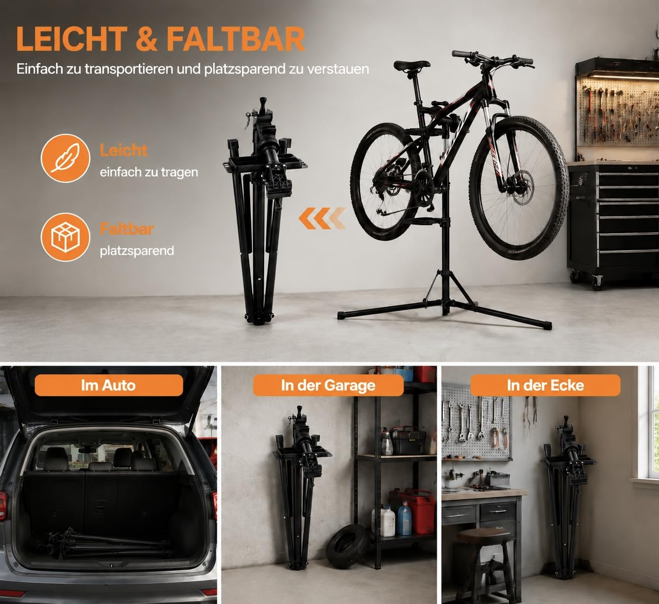 TEOV Fahrrad Montageständer Aluminium, Belastbarkeit 50kg & 360° drehbar, 100-160cm höhenverstellbar, klappbarer Profi-Reparaturständer mit Werkzeugtasche für Ø 2.5~5 cm E-Bike Mountainbike Citybike