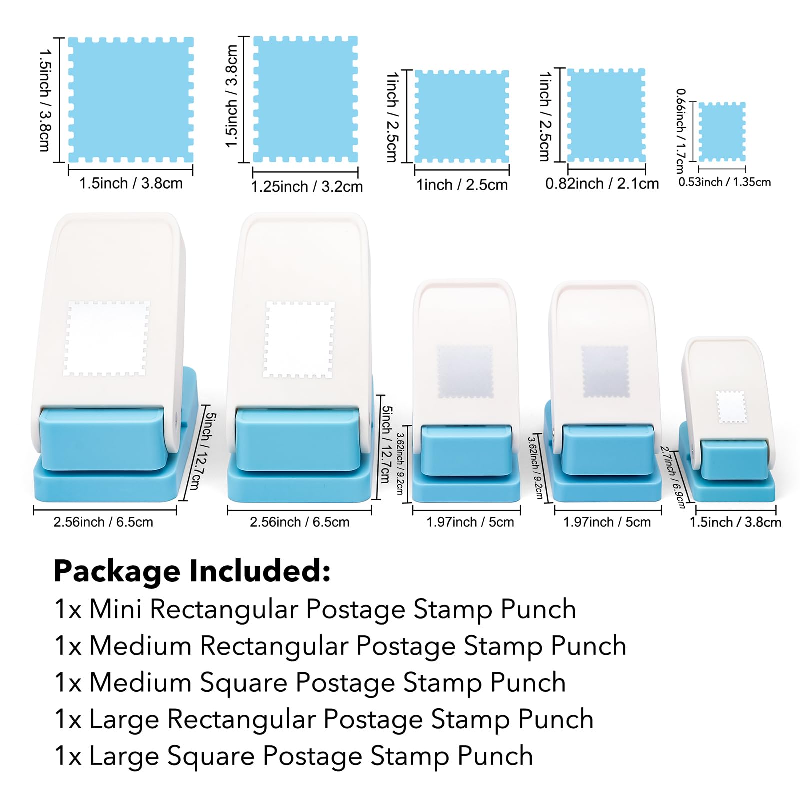 Punzone per timbri di 5 dimensioni, 3,8 x 3,2 cm/3,8 x 3,8 cm, punzonatrice per francobolli grandi, 2,5 x 2 cm/2,5 x 2,5 cm, mini timbri a forma di mini punzonatrice per carta, perforatrice per