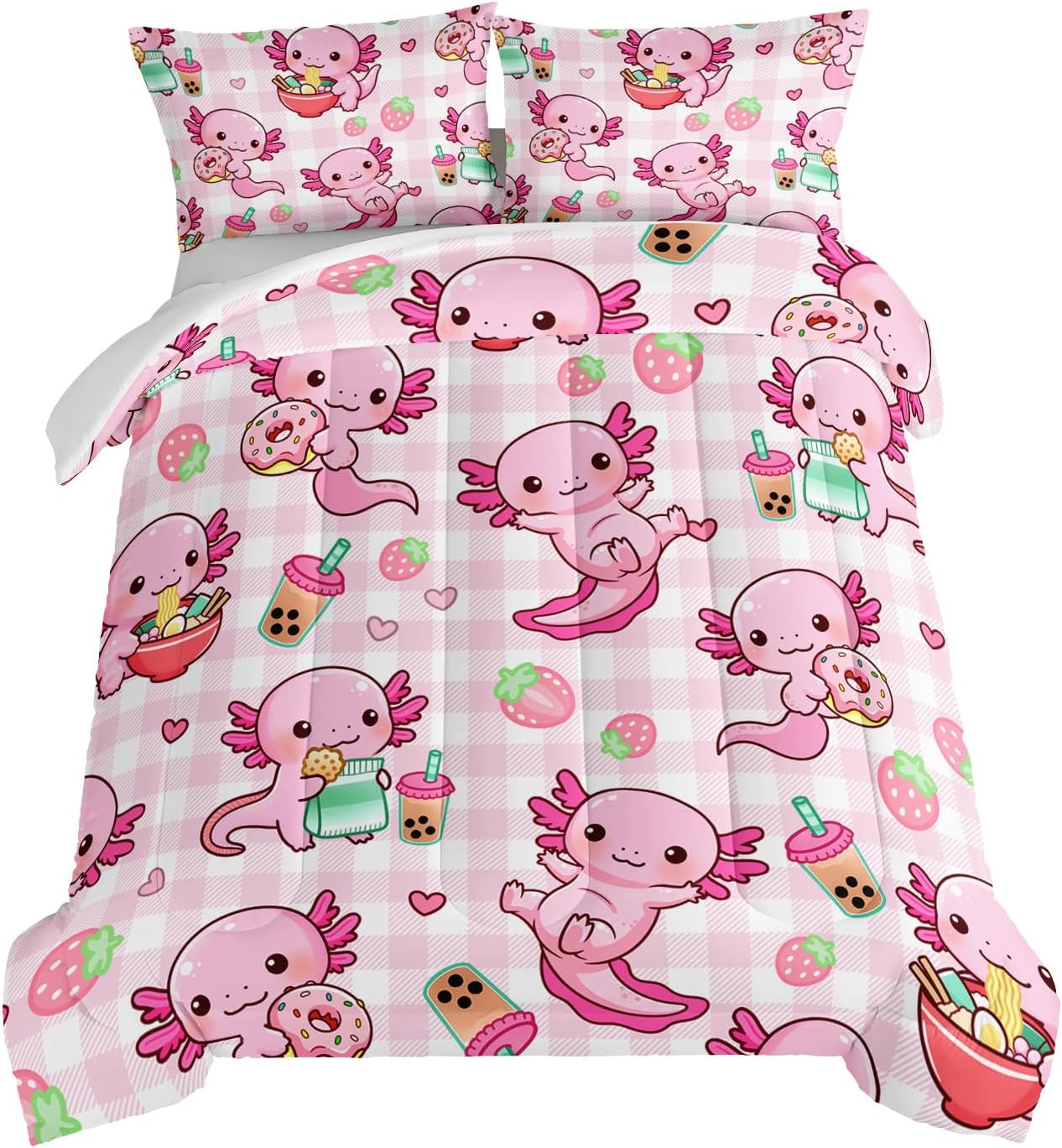 HOSIMA Axolotl Comforter Set Queen Size for Kids Girls,Pink Cartoon Axolotl Eat Dessert Printing Bedding Set Queen Size for Princess Bedroom Decor with Two Pillowcases. - Image 2