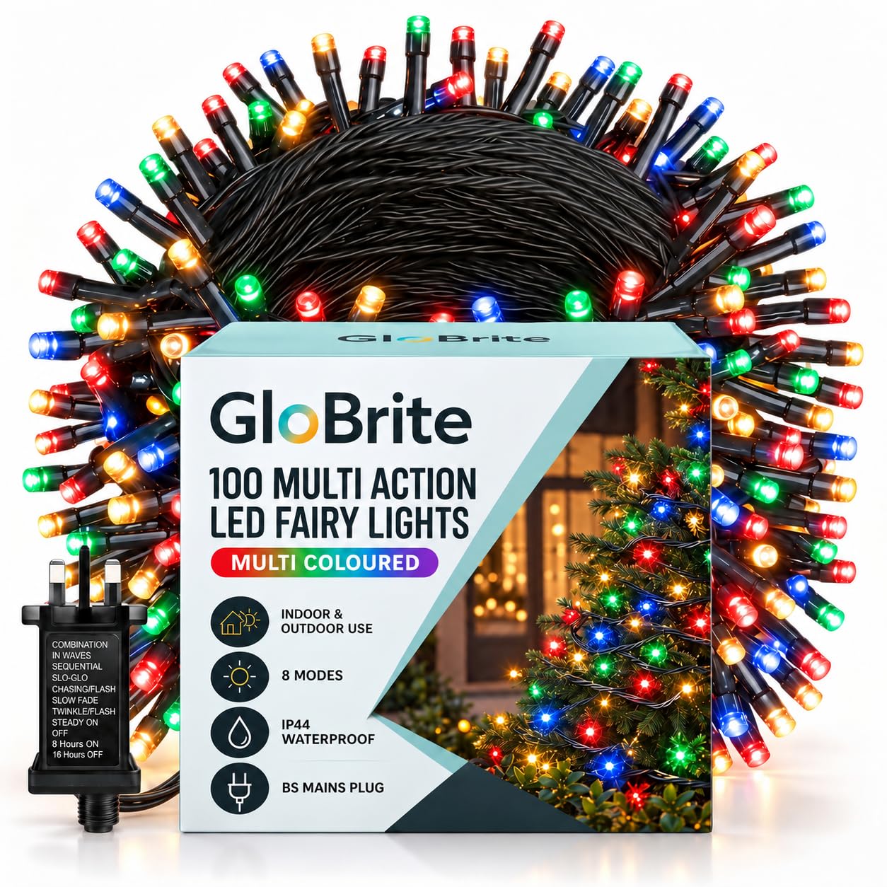 GloBrite 100 LED Fairy Lights - Versatile Christmas Lights with 8 Modes, Outdoor Fairy Lights, Christmas Tree Lights and Christmas Decorations - Waterproof Christmas Lights Outdoor - Multi-Coloured
