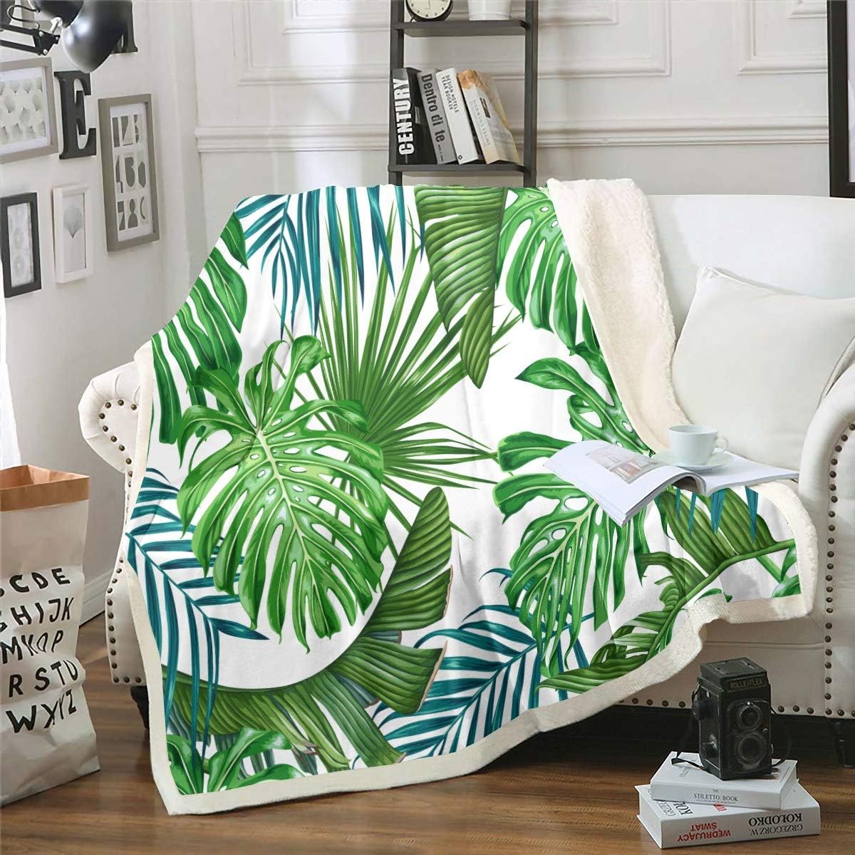 Loussiesd Palm Leaf Fuzzy Blanket Tropical Leaves Fleece Blanket for Sofa Couch Teens Ultra Soft Hawaiian Green Botanical Sherpa Throw Blanket Leaf Branches Bed Flannel Blanket Double 60"x79"