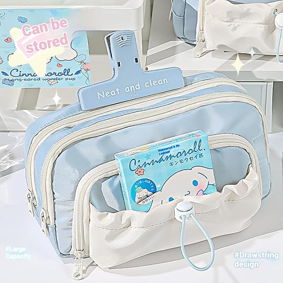 Cute Aesthetic Pencil Case, Kawaii Waterproof Drawstring Pen Pouch with Rosy Posy Pens, High Capacity School Supplies for Students, Girls Stationery Storage Bag