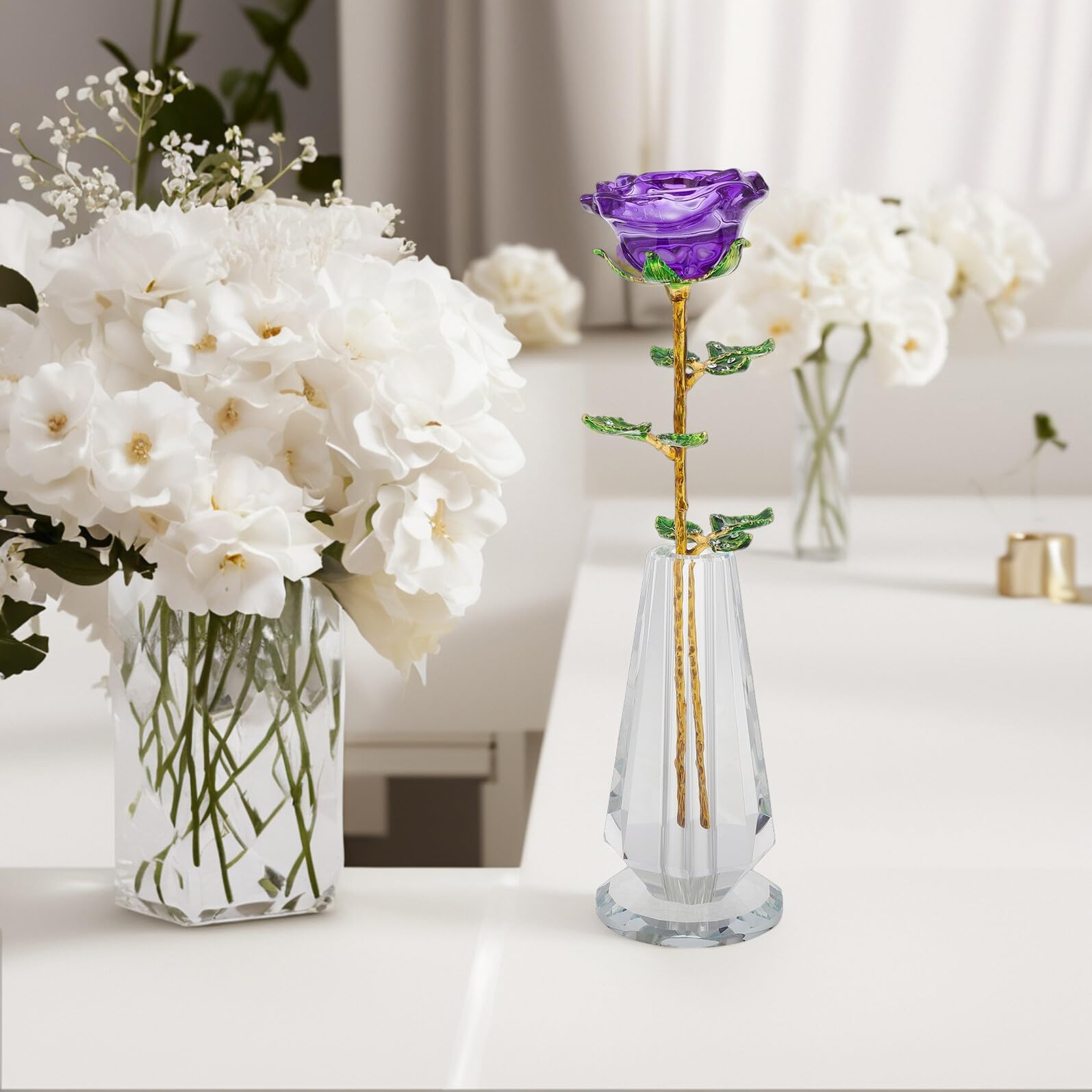 Ramo de Cristal Morado con Jarrón Figura Decorativa de Rosas para Centro de Mesa Adorno para Aniversario Obsequio Romántico para Novia o Esposa San Valentín y Bodas