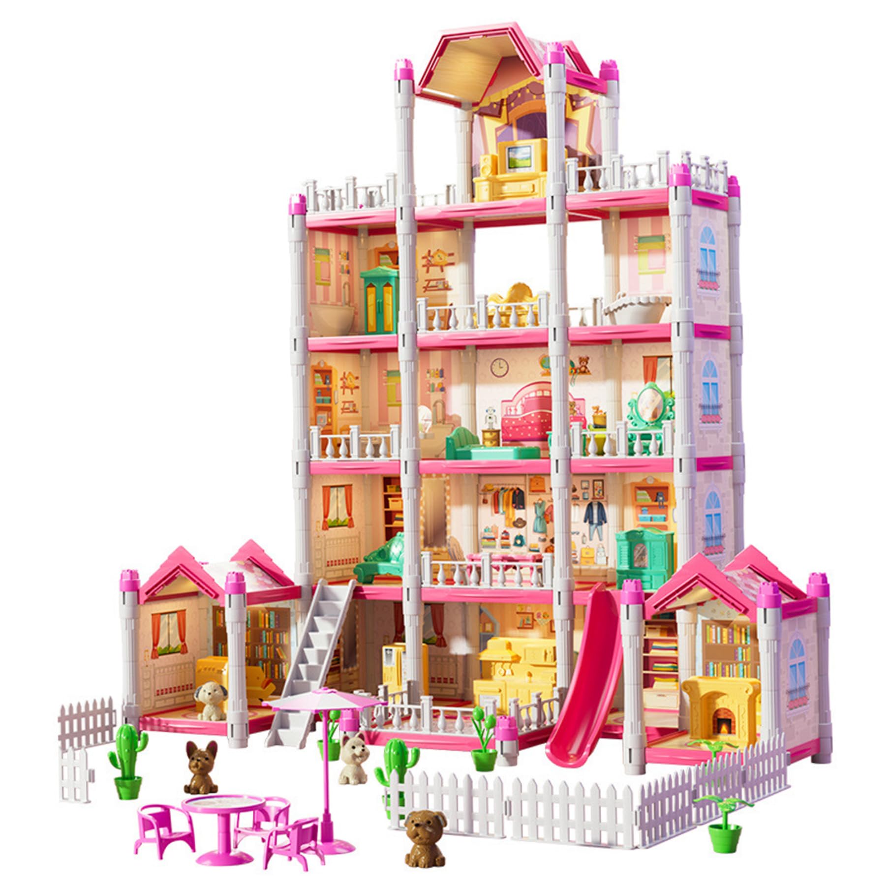 1 Juego de casa de muñecas de 5 Pisos, 14 Habitaciones, casa de muñecas de Lujo para niña, Castillo de Princesa DIY con muñeca, Cachorro, Muebles y Accesorios, Juguetes navideños de ensueño para niñ